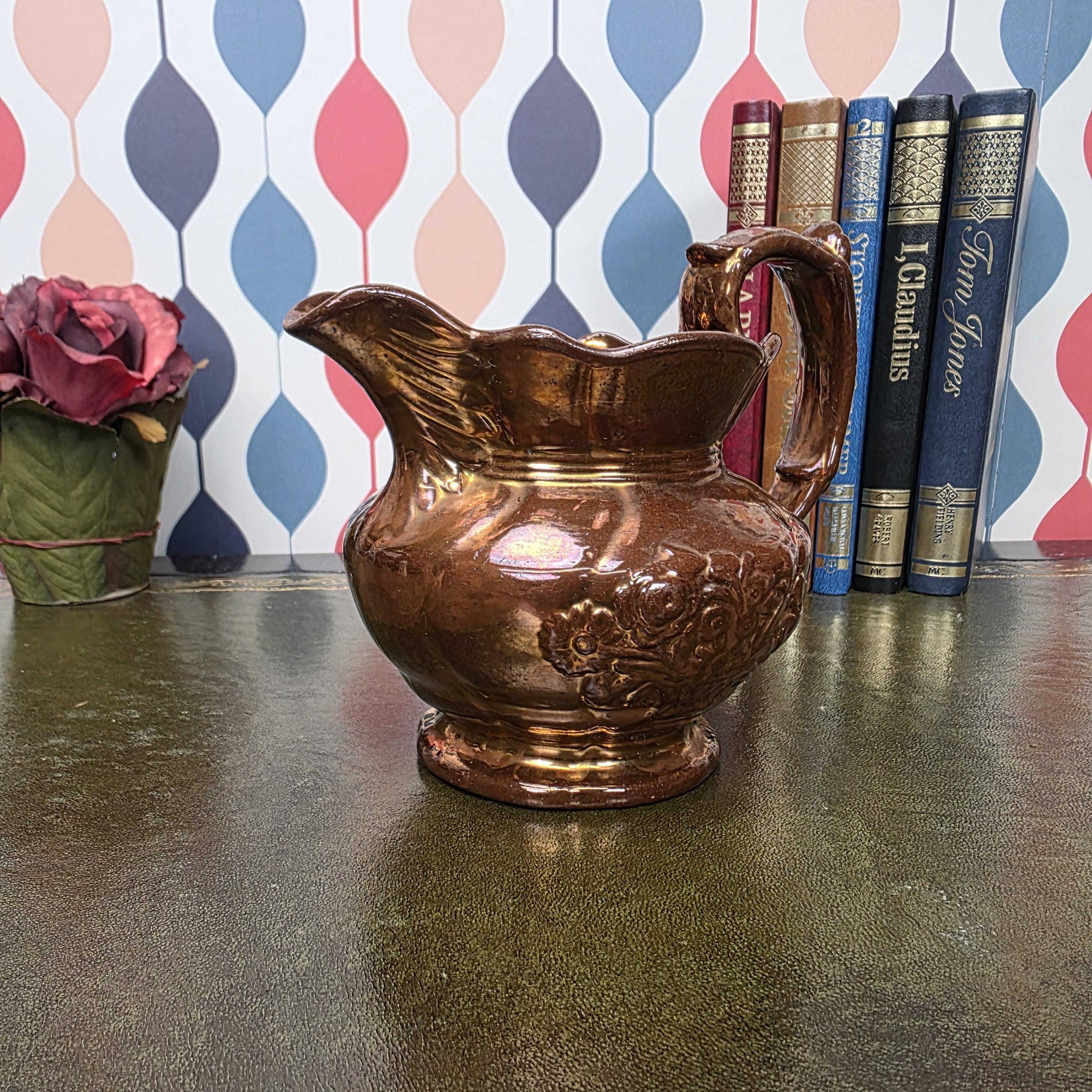 Vintage Copper Lustre Pitcher Embossed Floral Ceramic Jug Antique Style Decorative Collectible Rustic Farmhouse