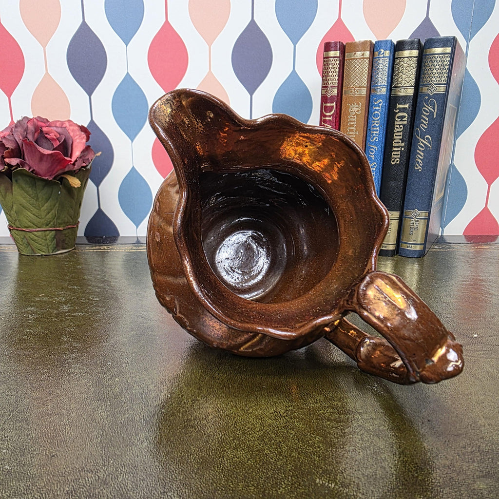 Vintage Copper Lustre Pitcher Embossed Floral Ceramic Jug Antique Style Decorative Collectible Rustic Farmhouse