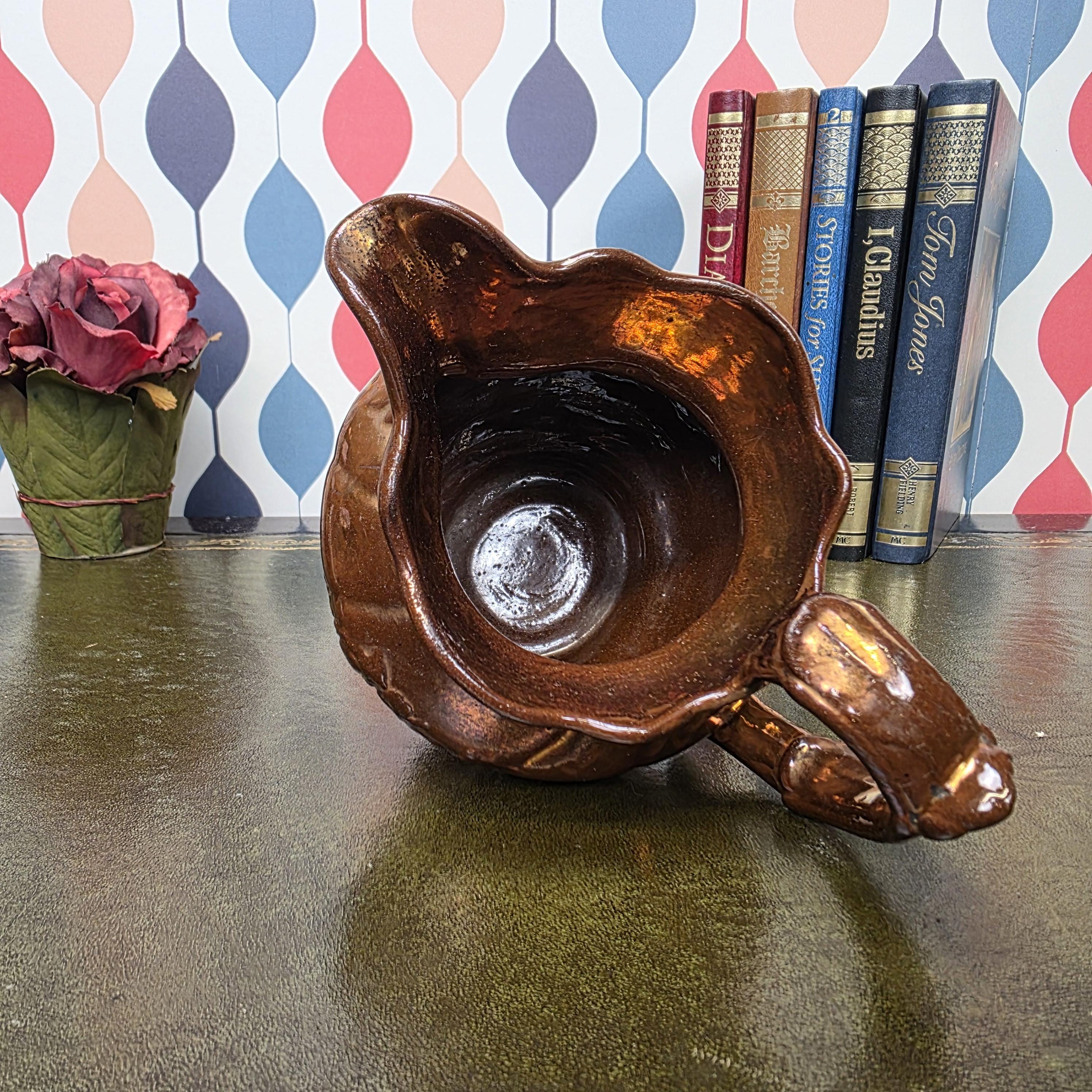 Vintage Copper Lustre Pitcher Embossed Floral Ceramic Jug Antique Style Decorative Collectible Rustic Farmhouse