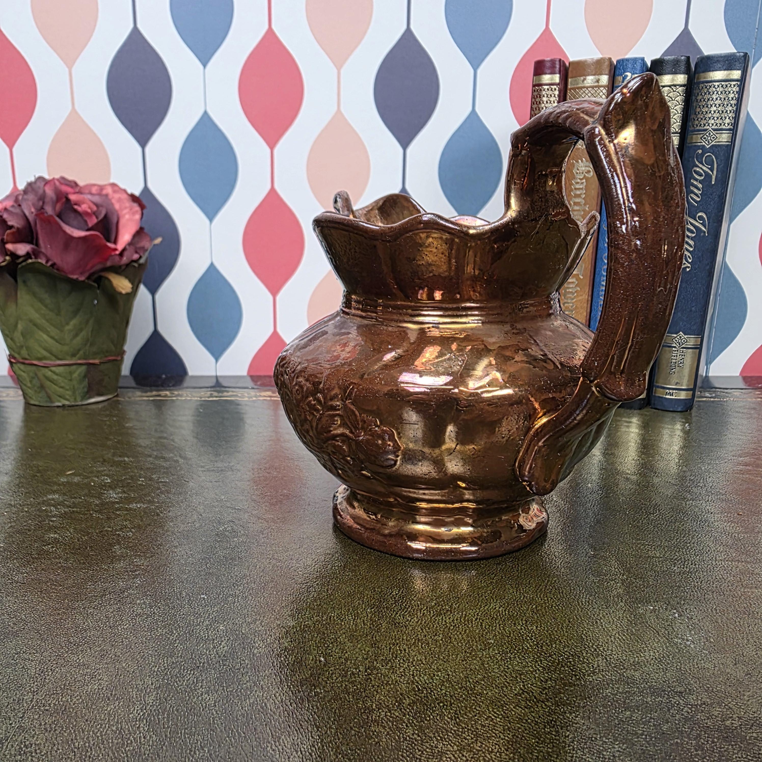 Vintage Copper Lustre Pitcher Embossed Floral Ceramic Jug Antique Style Decorative Collectible Rustic Farmhouse