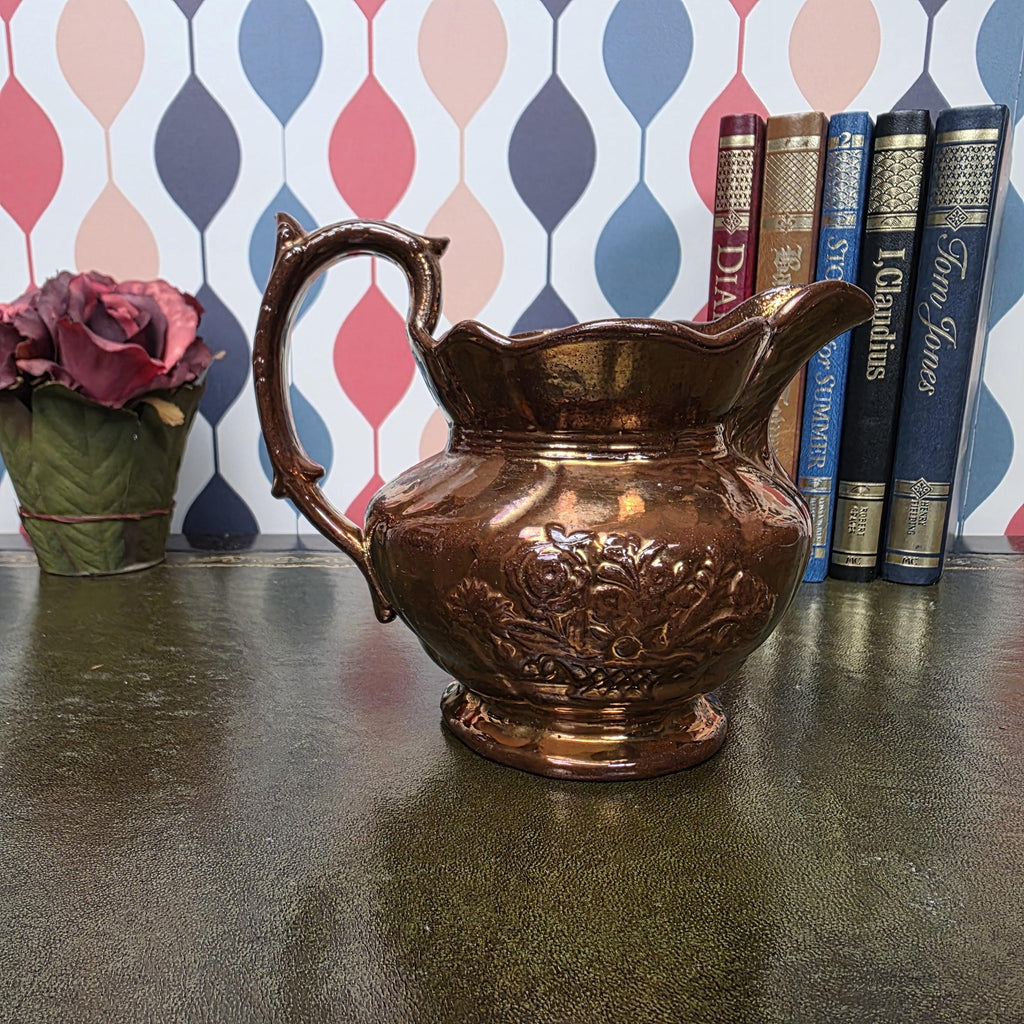 Vintage Copper Lustre Pitcher Embossed Floral Ceramic Jug Antique Style Decorative Collectible Rustic Farmhouse