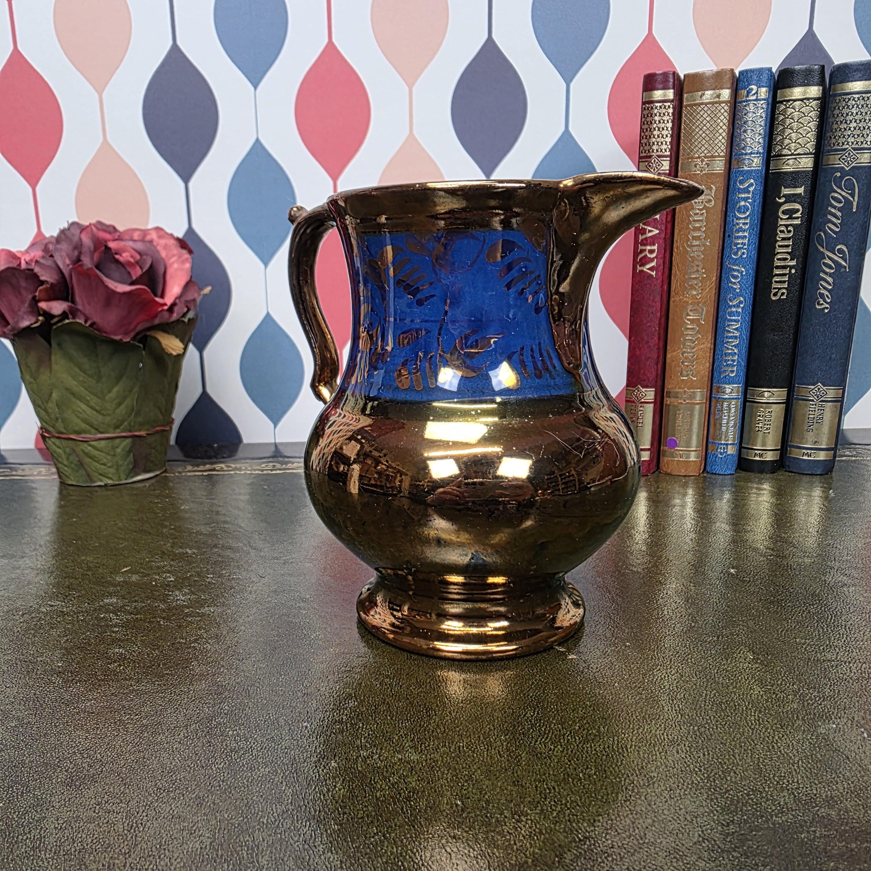 Vintage Copper Lustre Pitcher Blue Band Ceramic Jug Victorian Style Decorative Collectible Cobalt Accent