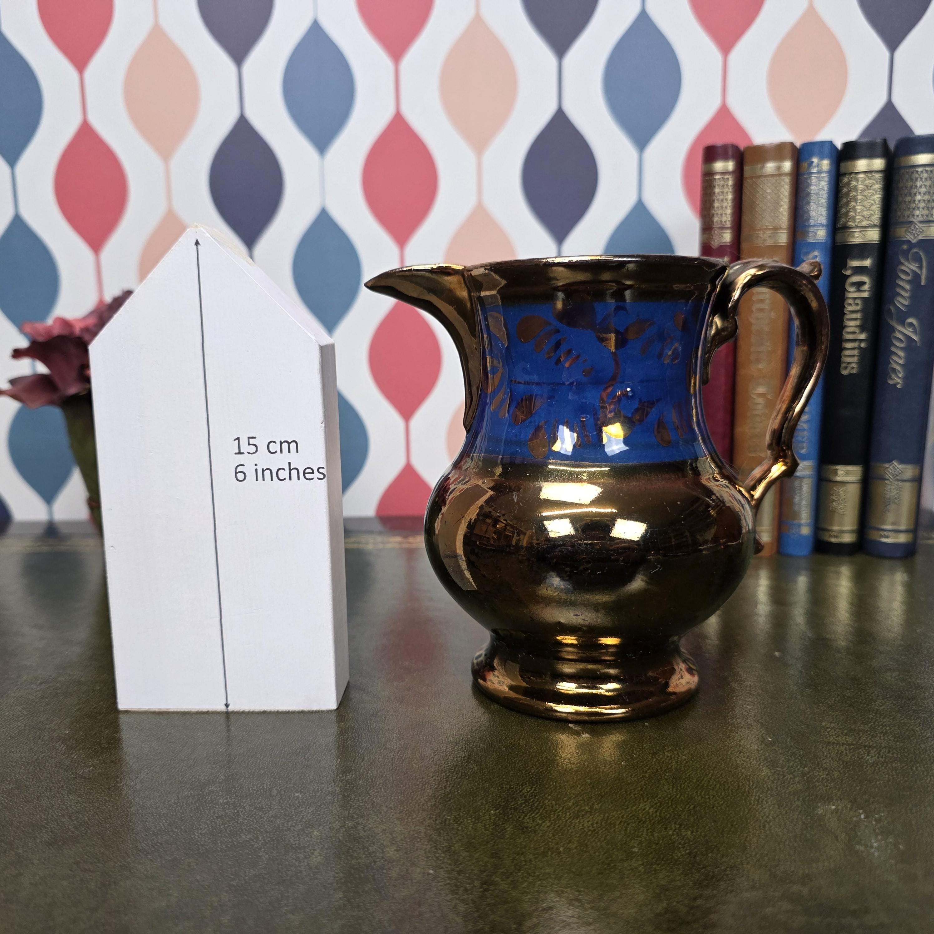 Vintage Copper Lustre Pitcher Blue Band Ceramic Jug Victorian Style Decorative Collectible Cobalt Accent