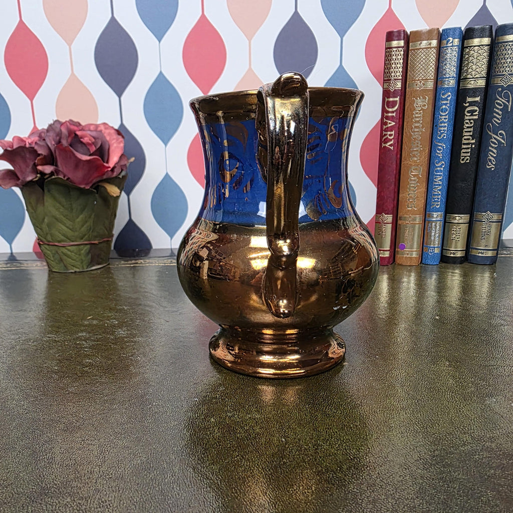 Vintage Copper Lustre Pitcher Blue Band Ceramic Jug Victorian Style Decorative Collectible Cobalt Accent