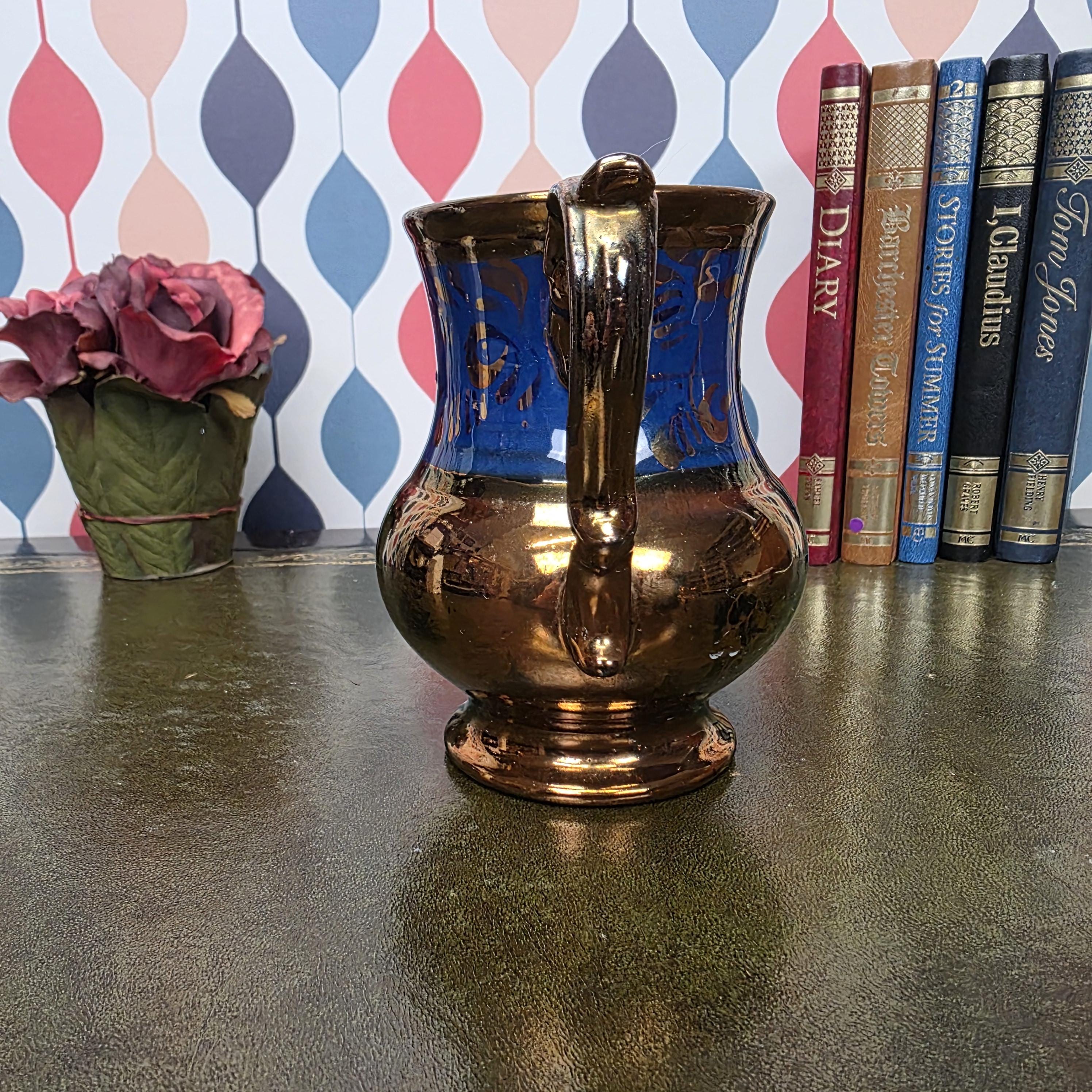 Vintage Copper Lustre Pitcher Blue Band Ceramic Jug Victorian Style Decorative Collectible Cobalt Accent