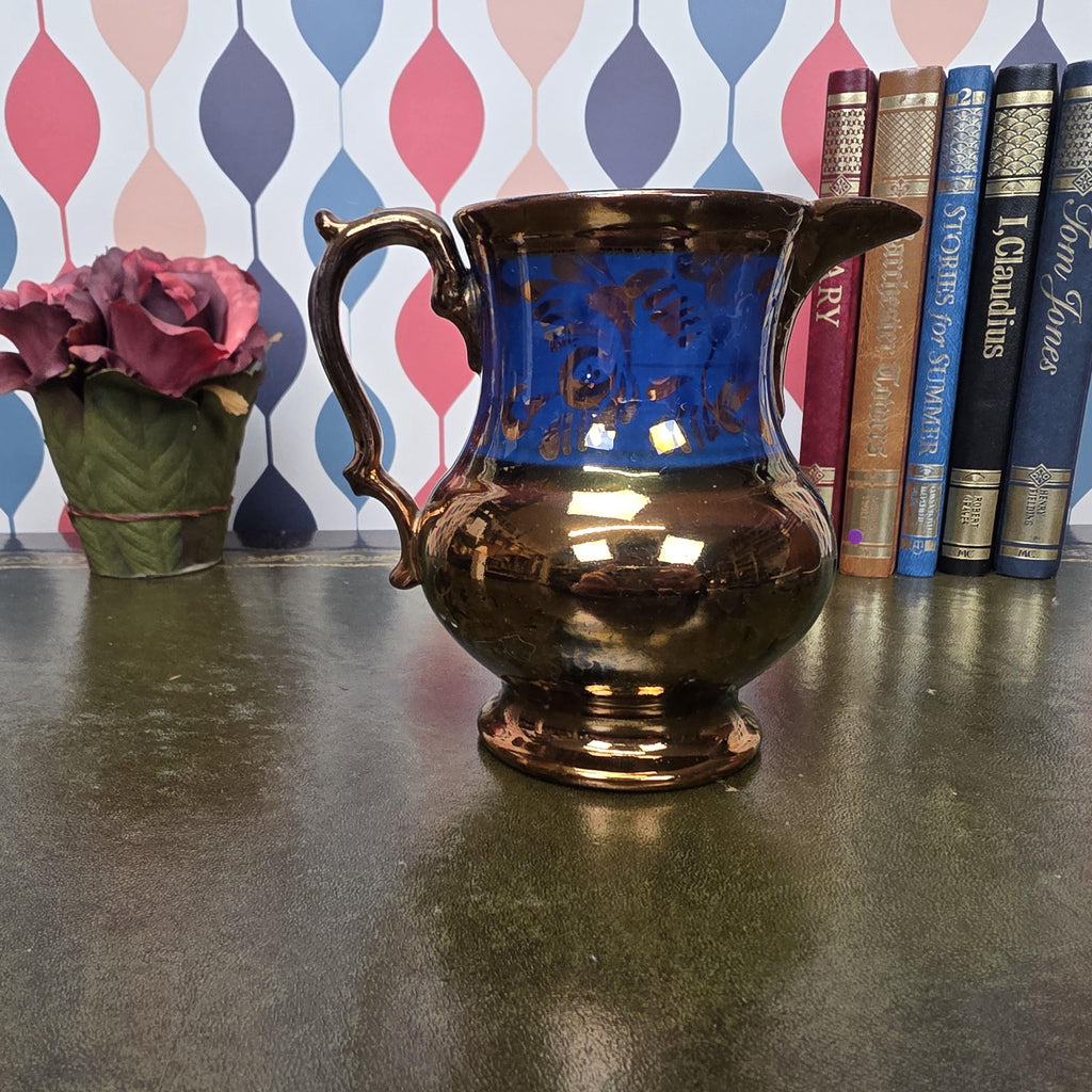 Vintage Copper Lustre Pitcher Blue Band Ceramic Jug Victorian Style Decorative Collectible Cobalt Accent