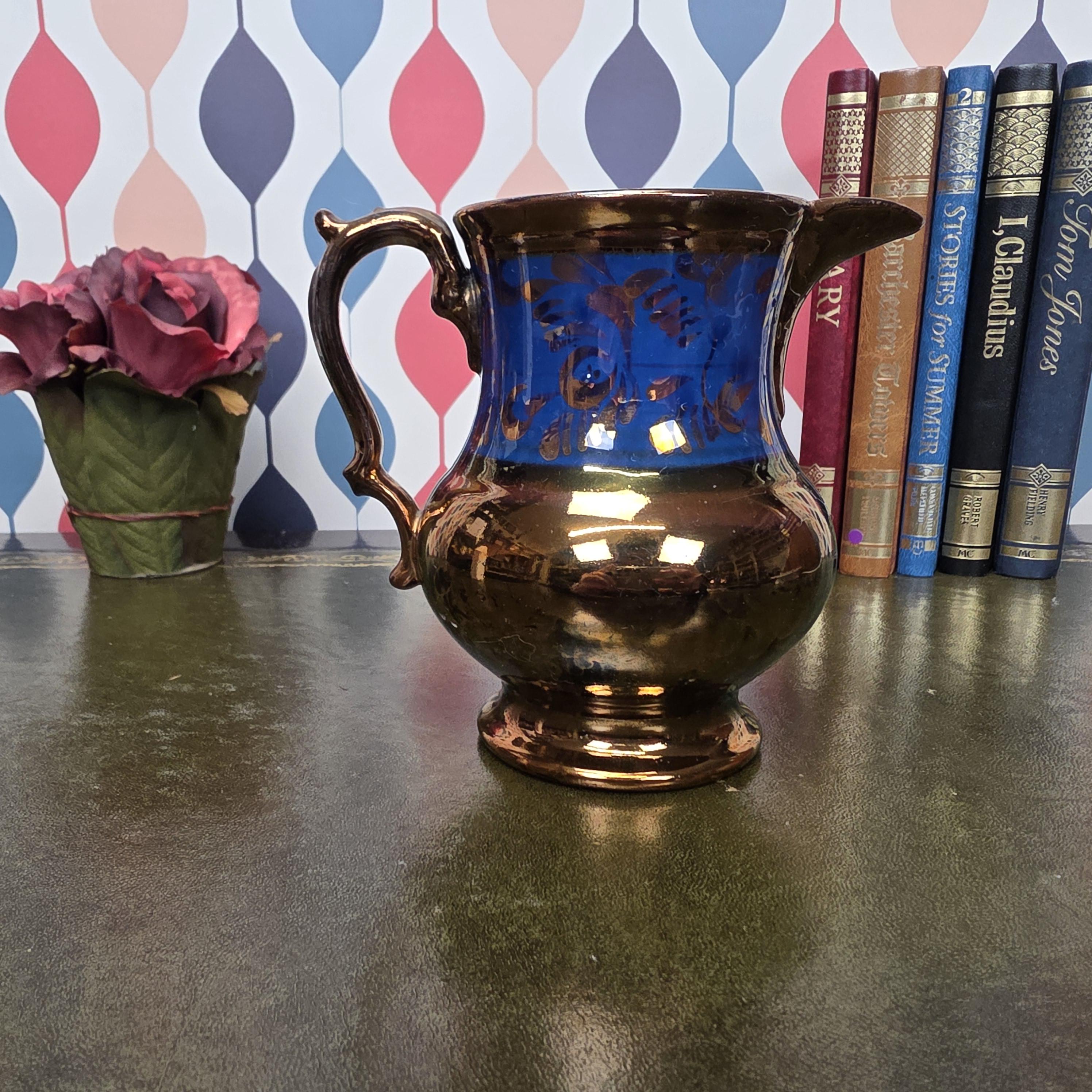 Vintage Copper Lustre Pitcher Blue Band Ceramic Jug Victorian Style Decorative Collectible Cobalt Accent