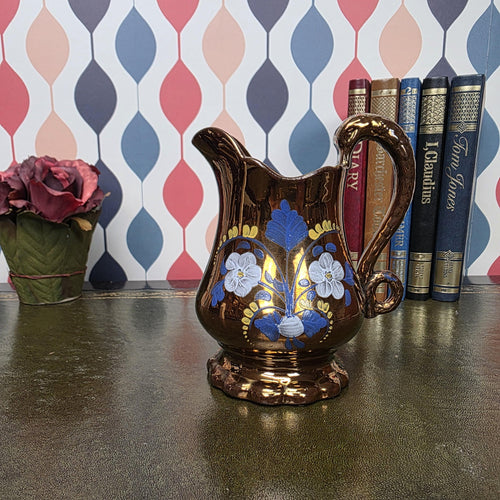 Copper Lustre Floral Pitcher Vintage Ceramic Jug Hand Painted Folk Art Cottage Decor Collectible