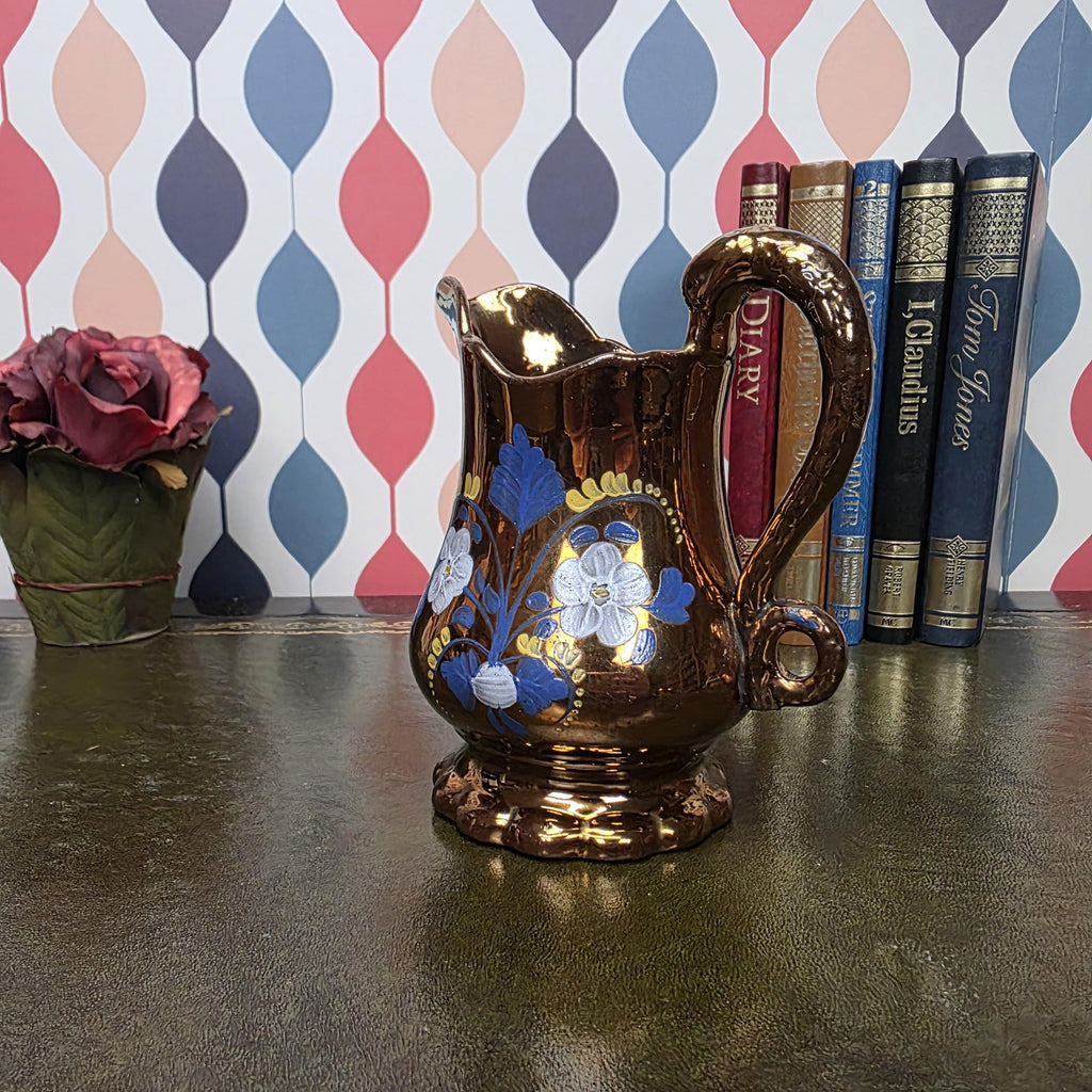 Copper Lustre Floral Pitcher Vintage Ceramic Jug Hand Painted Folk Art Cottage Decor Collectible