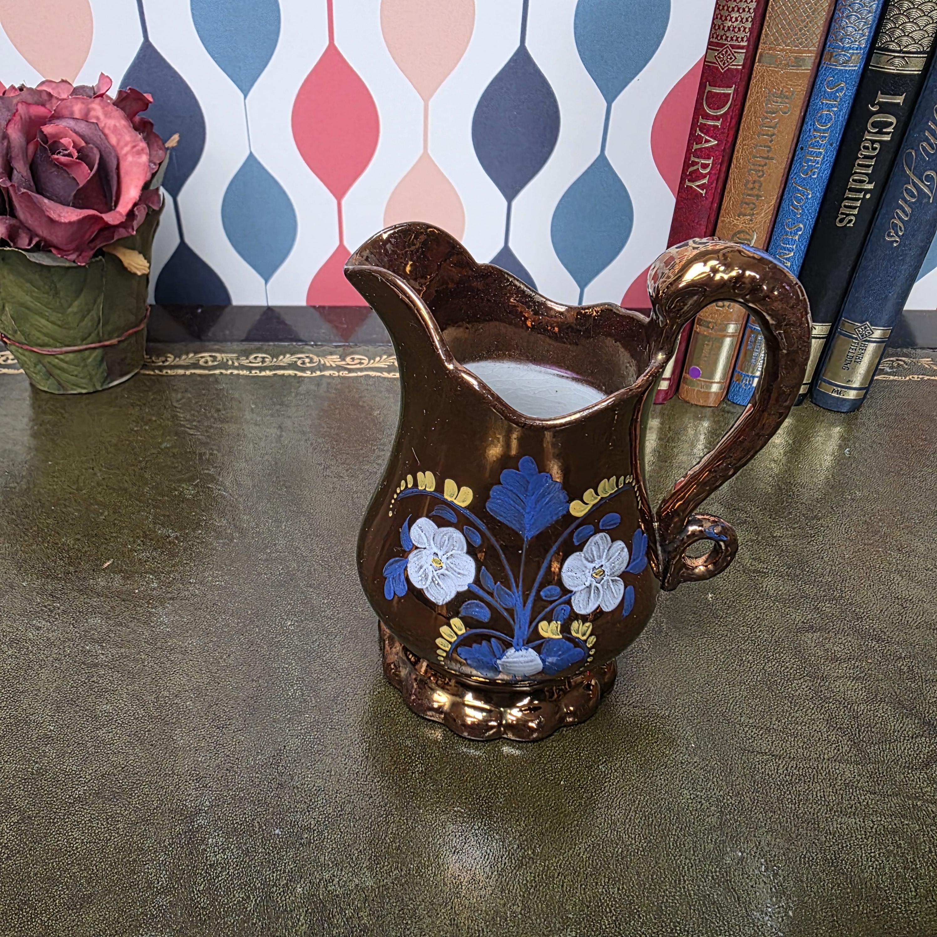 Copper Lustre Floral Pitcher Vintage Ceramic Jug Hand Painted Folk Art Cottage Decor Collectible