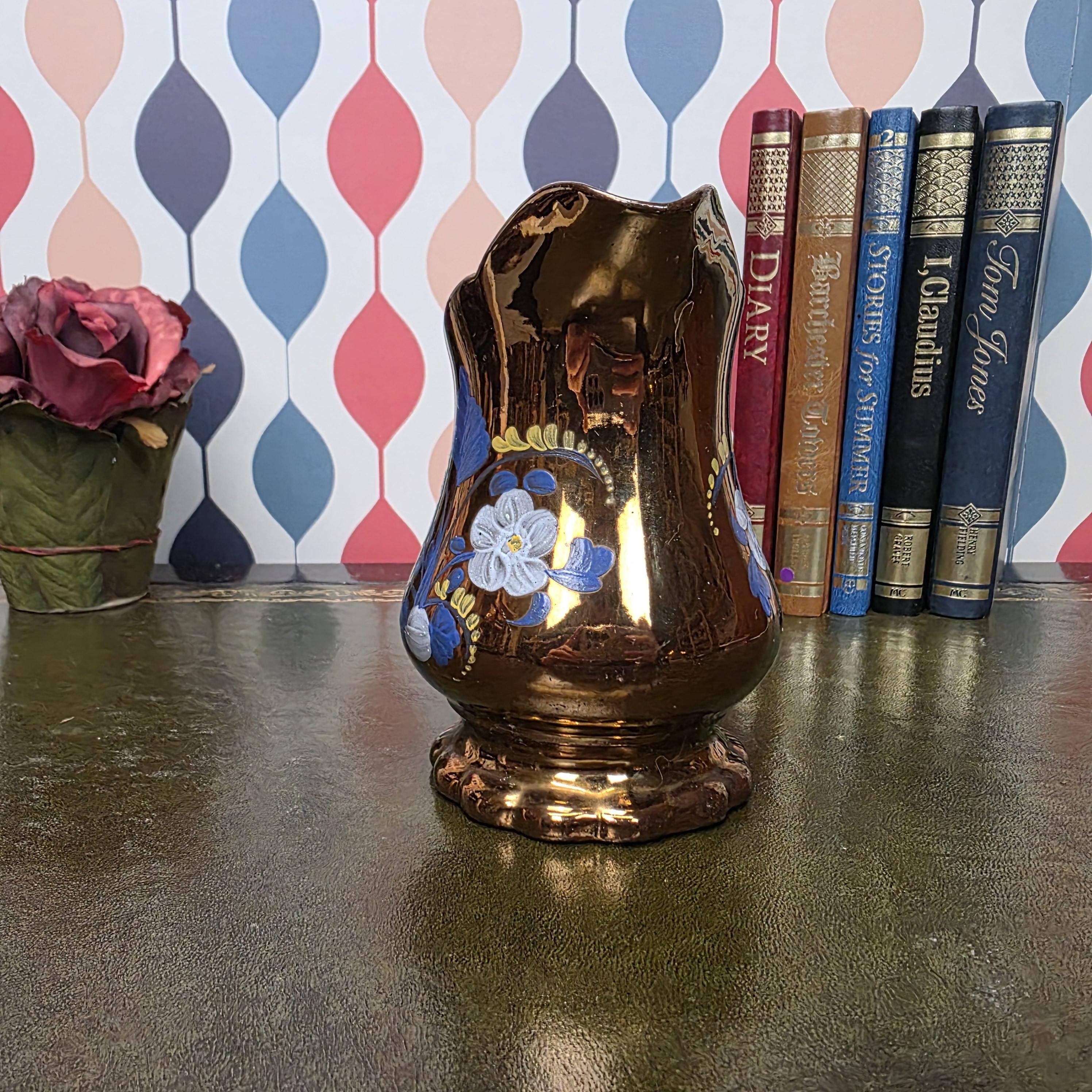 Copper Lustre Floral Pitcher Vintage Ceramic Jug Hand Painted Folk Art Cottage Decor Collectible
