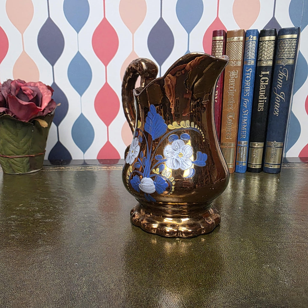 Copper Lustre Floral Pitcher Vintage Ceramic Jug Hand Painted Folk Art Cottage Decor Collectible
