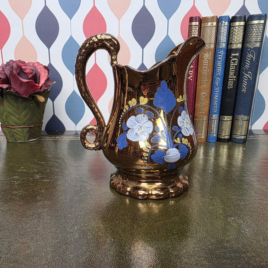 Copper Lustre Floral Pitcher Vintage Ceramic Jug Hand Painted Folk Art Cottage Decor Collectible