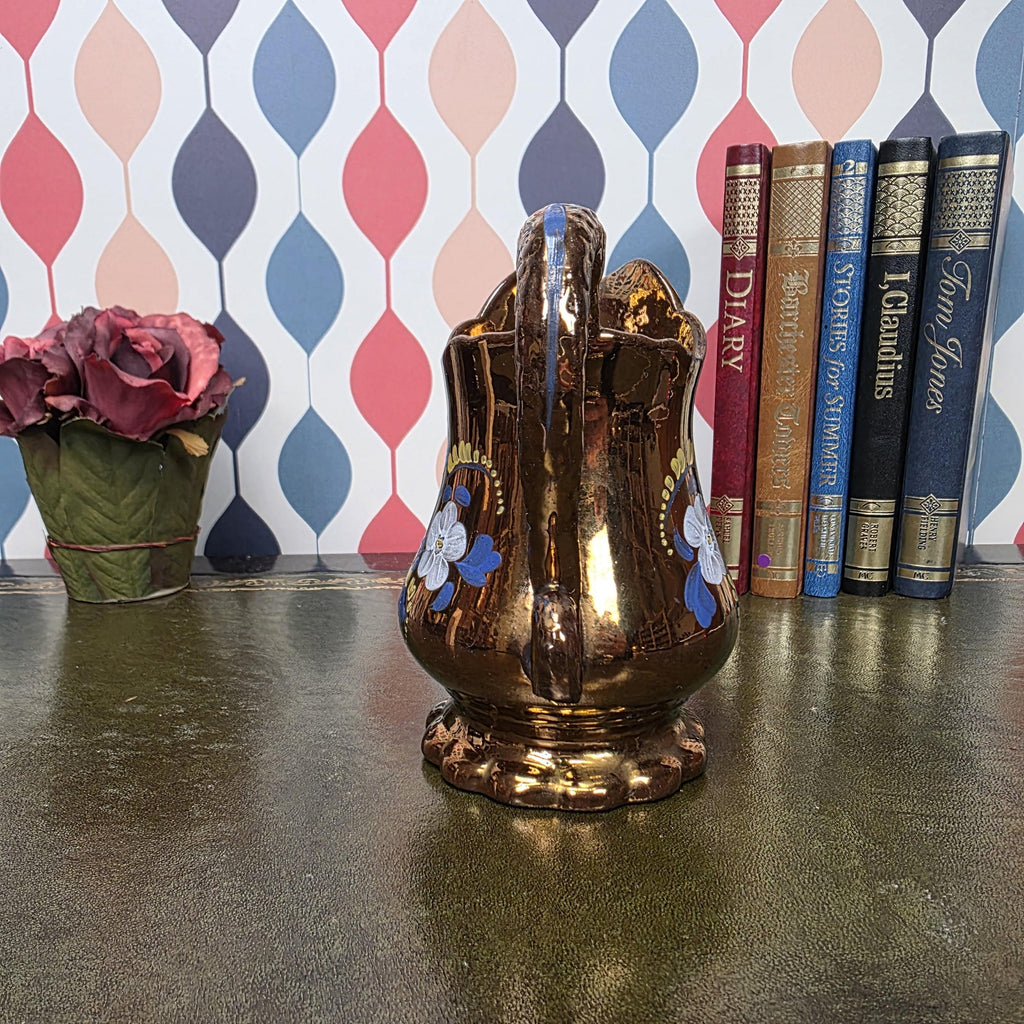 Copper Lustre Floral Pitcher Vintage Ceramic Jug Hand Painted Folk Art Cottage Decor Collectible
