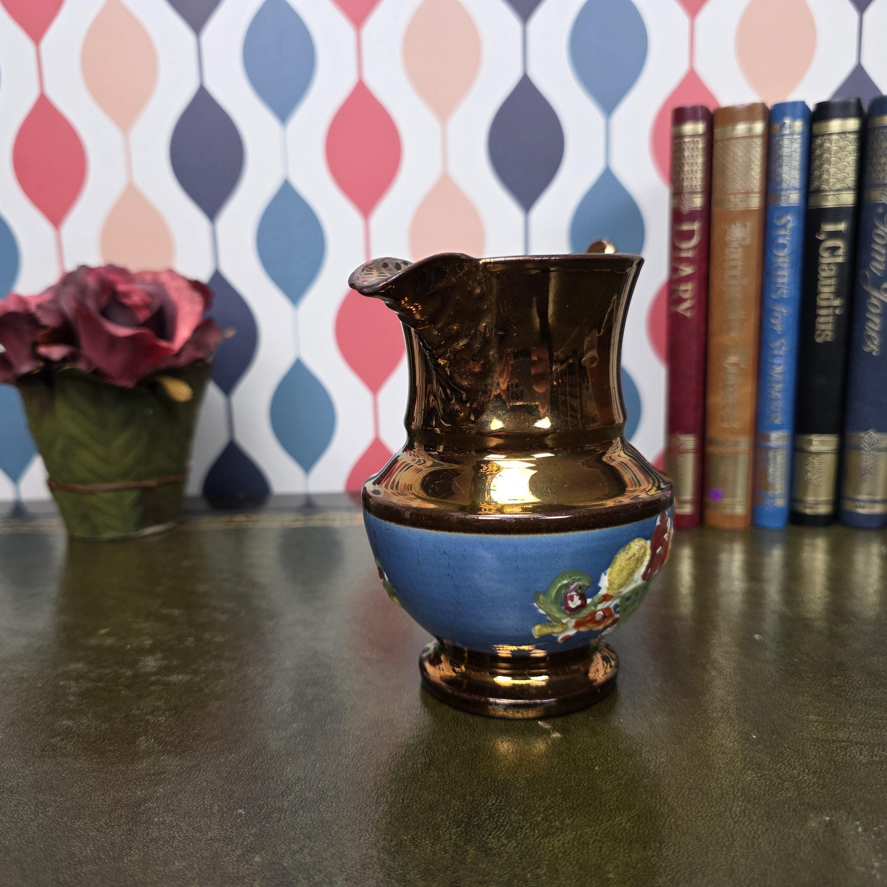 Copper Lustre Creamer Jug Vintage Ceramic Pitcher Relief Fruit Motif Embossed Farmhouse Decor Collectible