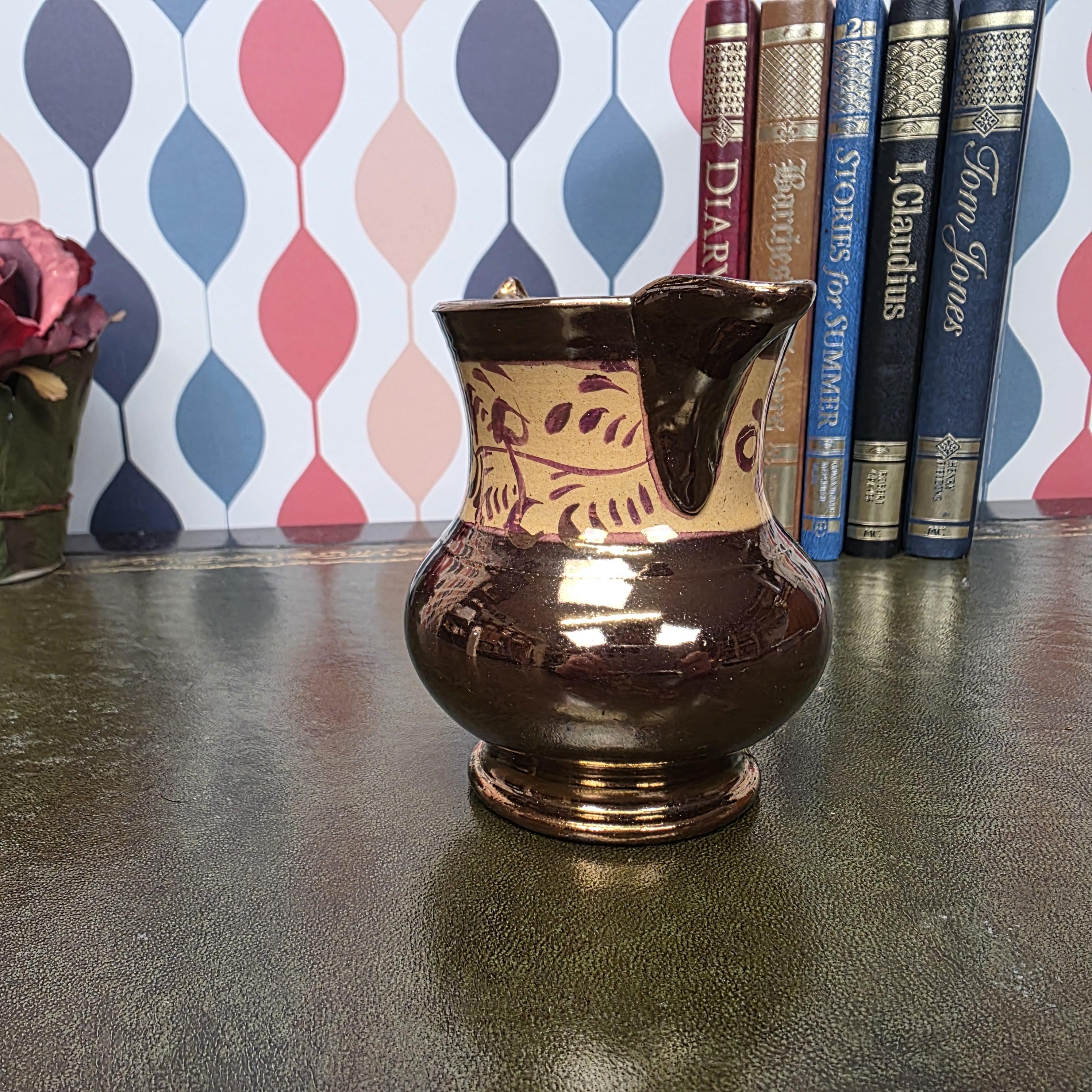Allertons London England Copper Lustre Jug Vintage Ceramic Creamer Pitcher Brown Lustreware Floral Band