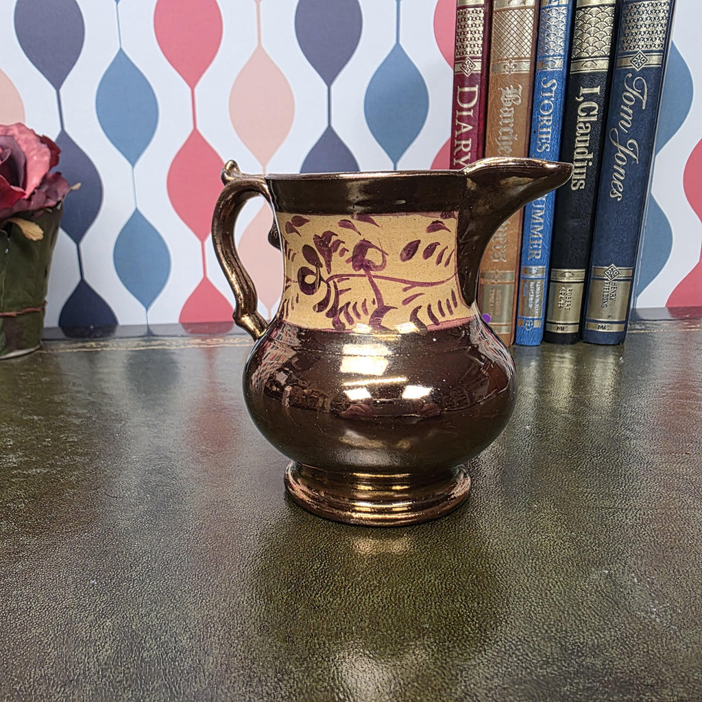 Allertons London England Copper Lustre Jug Vintage Ceramic Creamer Pitcher Brown Lustreware Floral Band