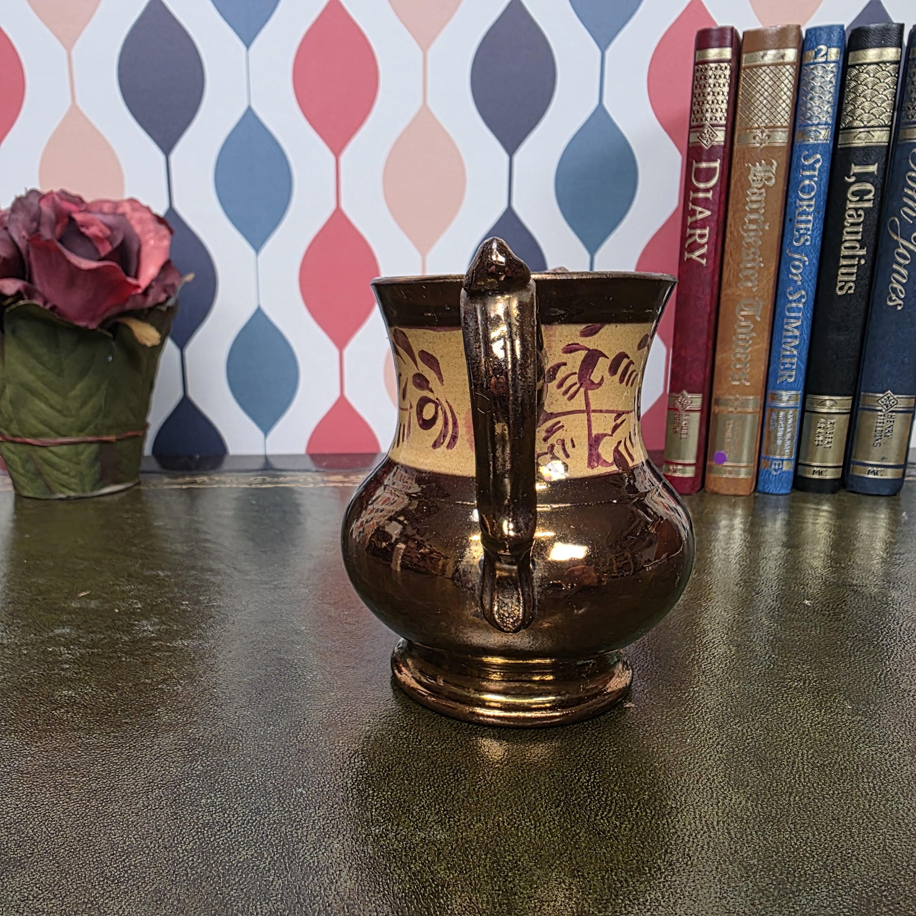 Allertons London England Copper Lustre Jug Vintage Ceramic Creamer Pitcher Brown Lustreware Floral Band