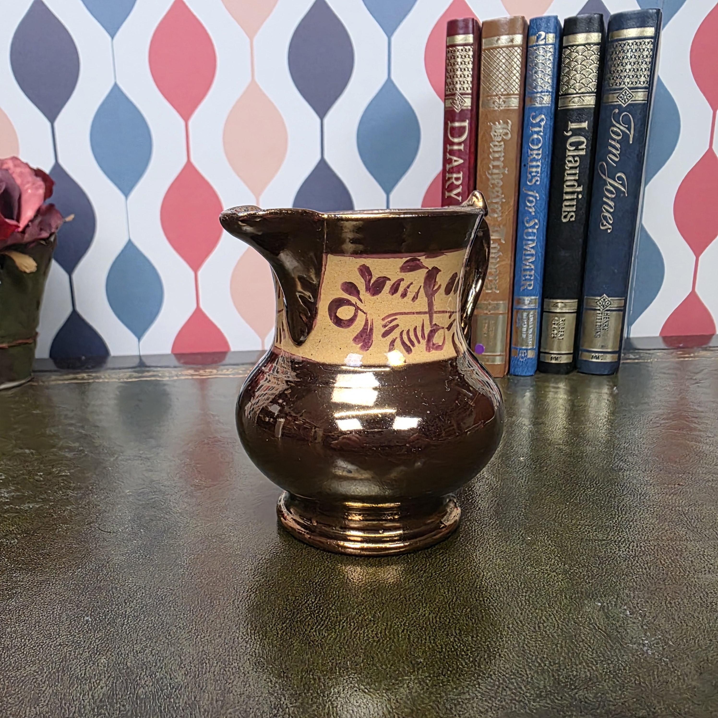 Allertons London England Copper Lustre Jug Vintage Ceramic Creamer Pitcher Brown Lustreware Floral Band