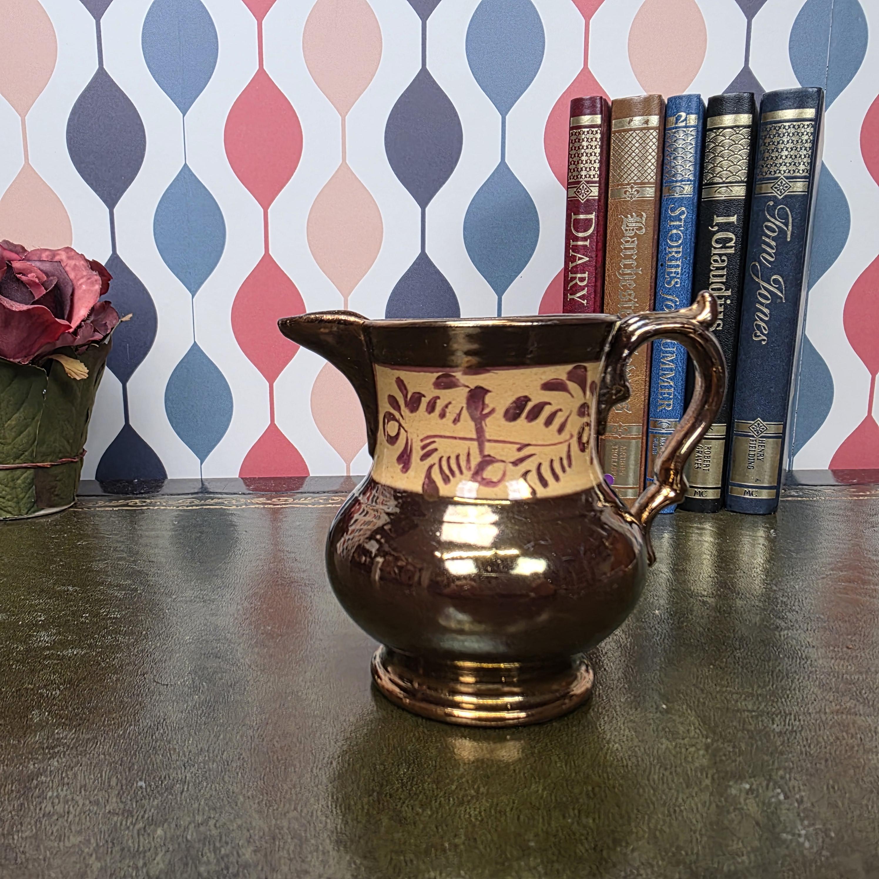 Allertons London England Copper Lustre Jug Vintage Ceramic Creamer Pitcher Brown Lustreware Floral Band