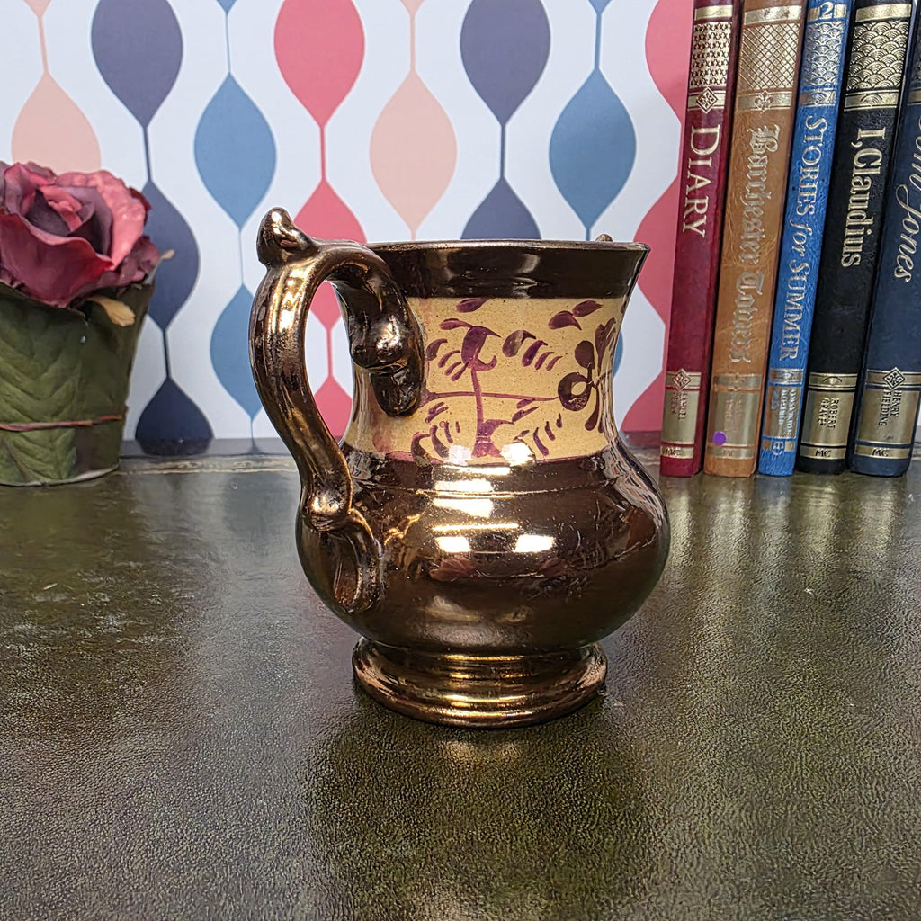 Allertons London England Copper Lustre Jug Vintage Ceramic Creamer Pitcher Brown Lustreware Floral Band
