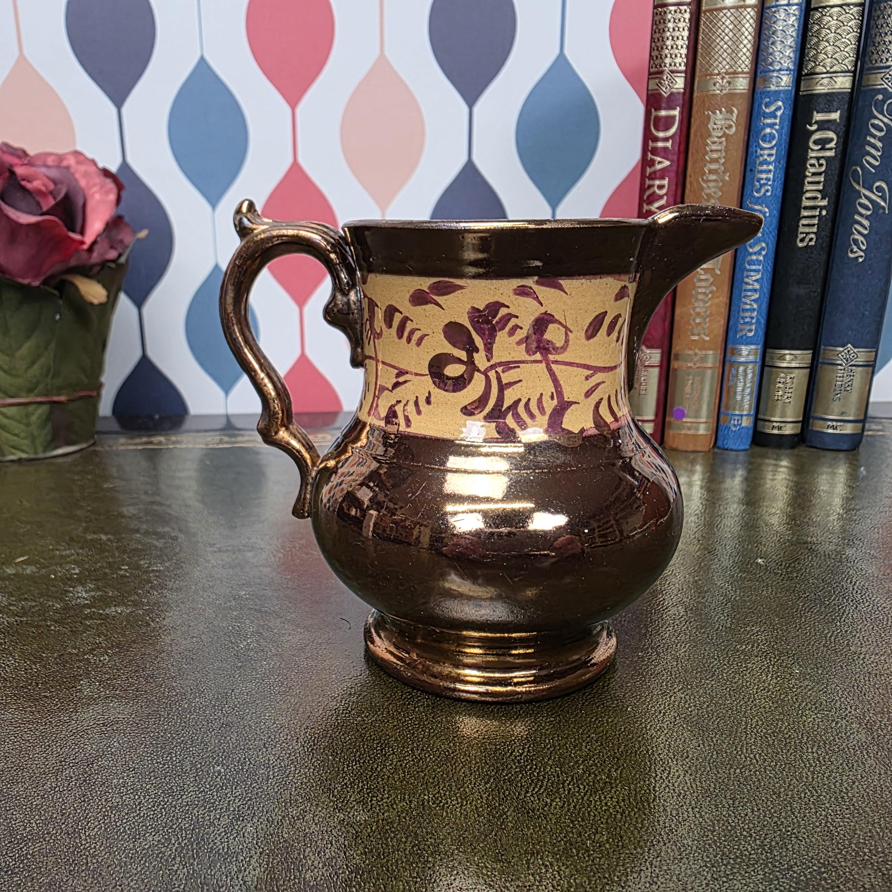 Allertons London England Copper Lustre Jug Vintage Ceramic Creamer Pitcher Brown Lustreware Floral Band