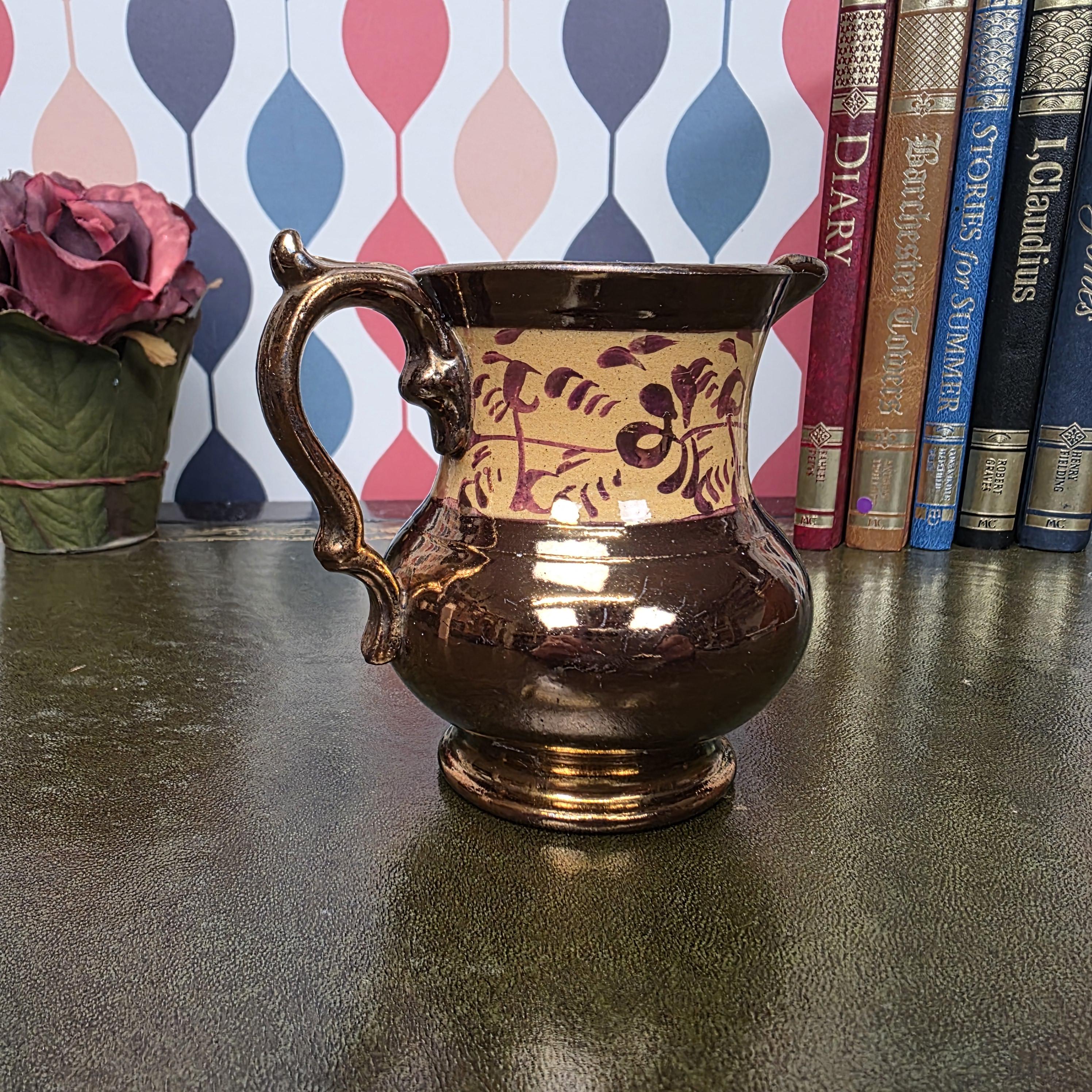Allertons London England Copper Lustre Jug Vintage Ceramic Creamer Pitcher Brown Lustreware Floral Band