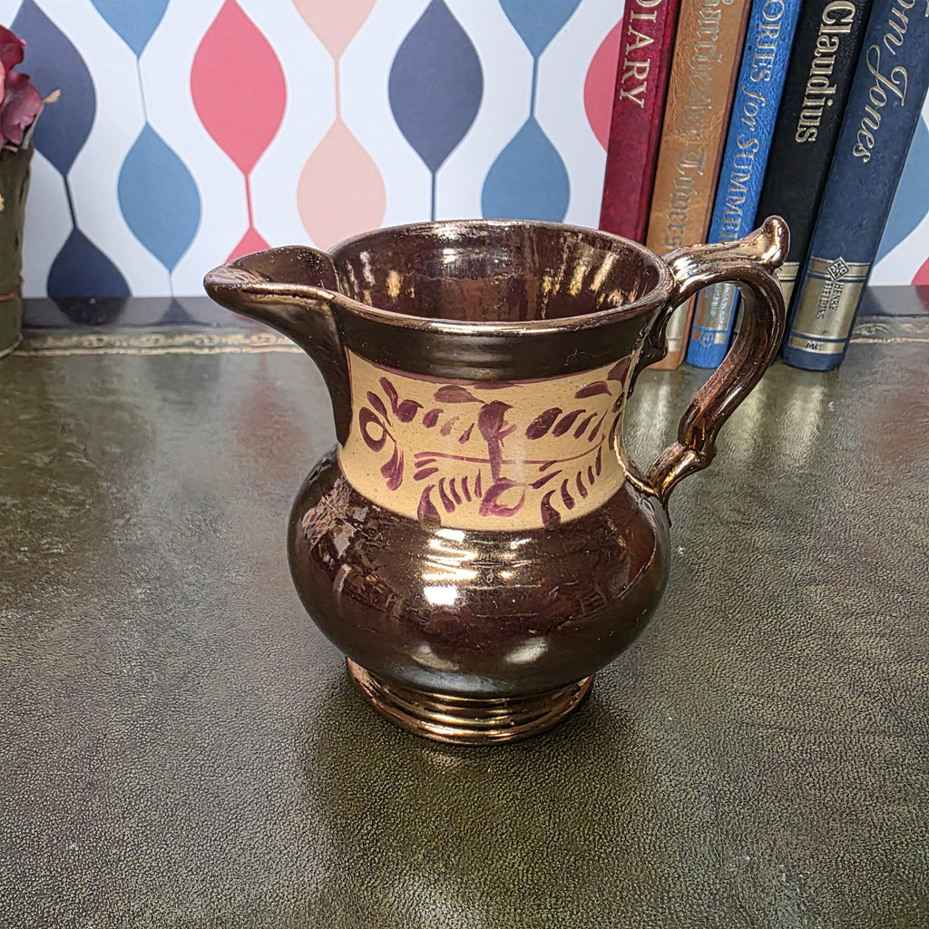 Allertons London England Copper Lustre Jug Vintage Ceramic Creamer Pitcher Brown Lustreware Floral Band