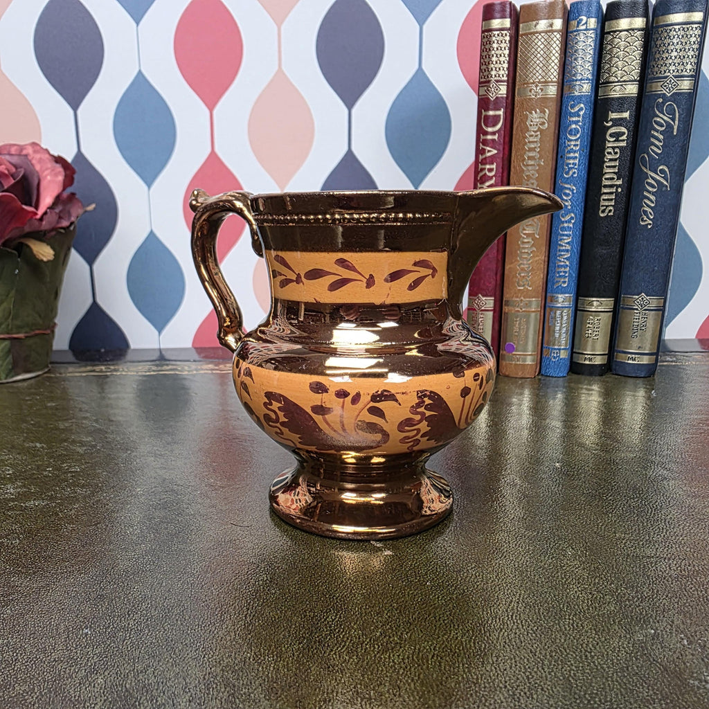 Vintage Copper Lustre Jug Ceramic Creamer Pitcher Brown Lustreware Floral Pattern English Style Cottage