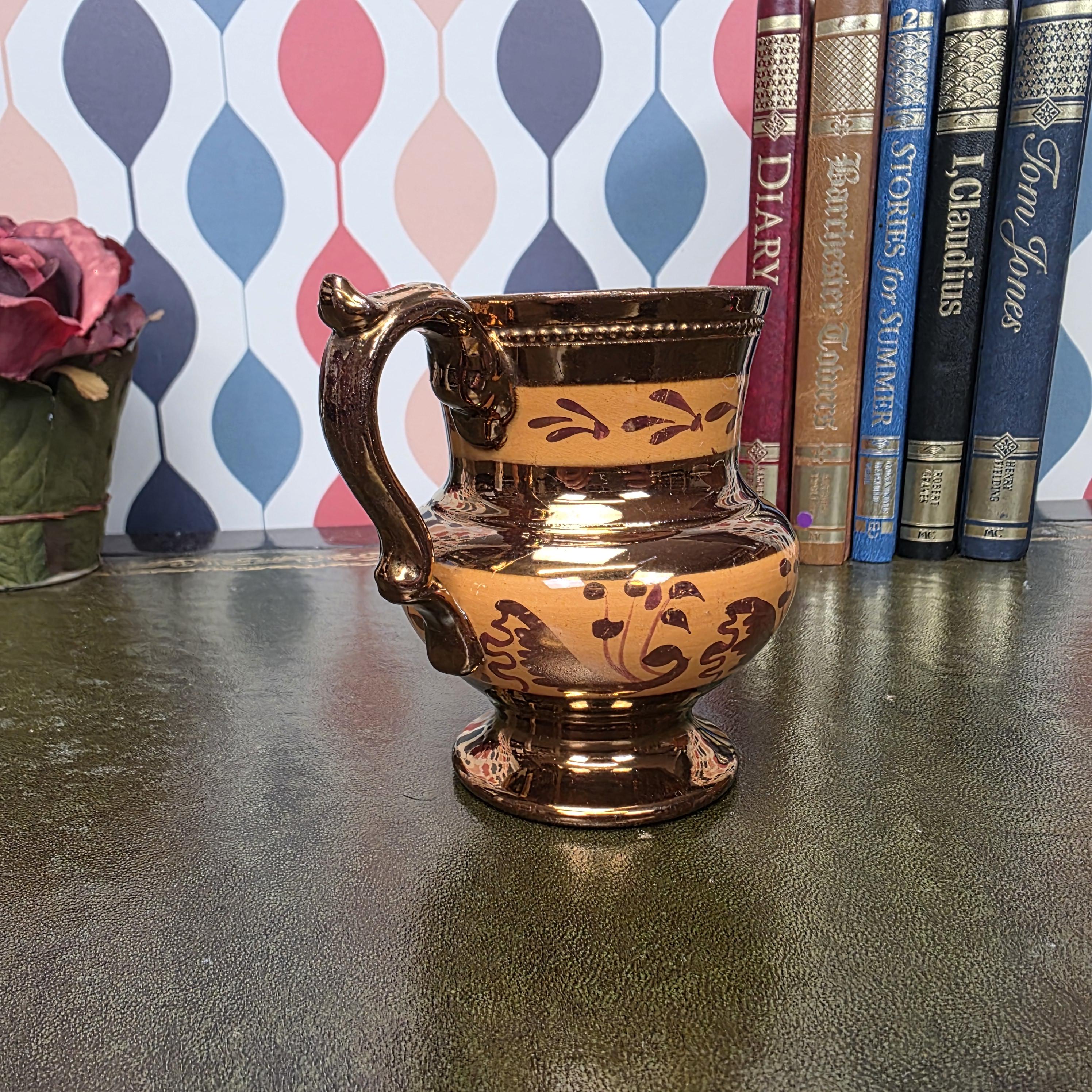 Vintage Copper Lustre Jug Ceramic Creamer Pitcher Brown Lustreware Floral Pattern English Style Cottage
