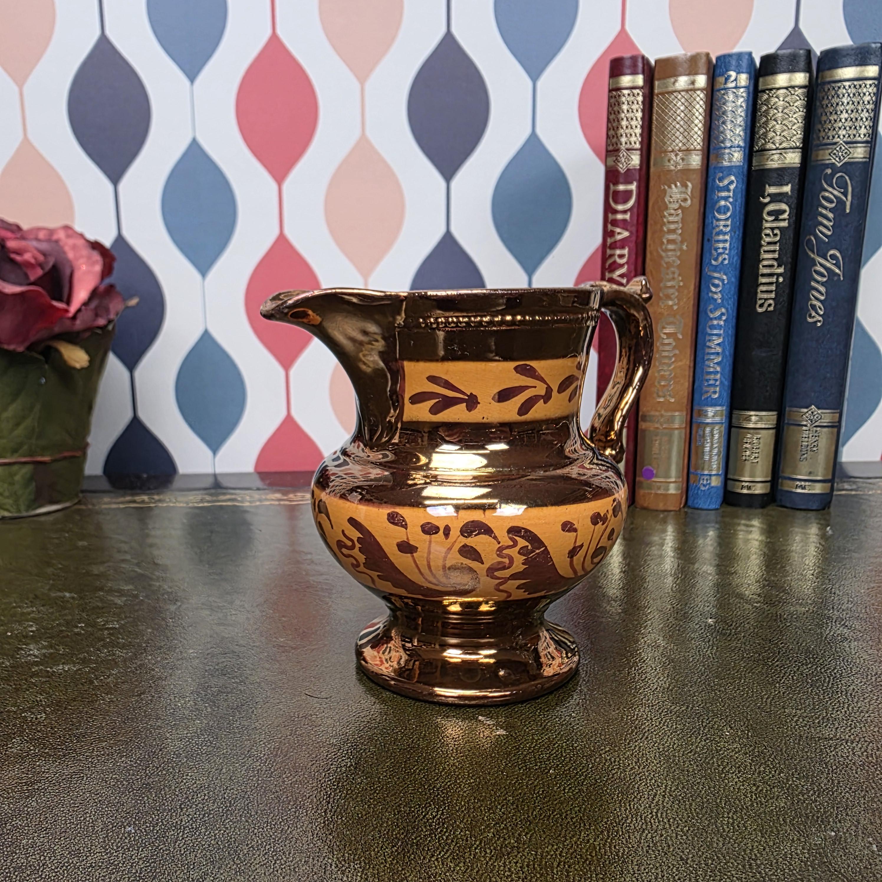 Vintage Copper Lustre Jug Ceramic Creamer Pitcher Brown Lustreware Floral Pattern English Style Cottage