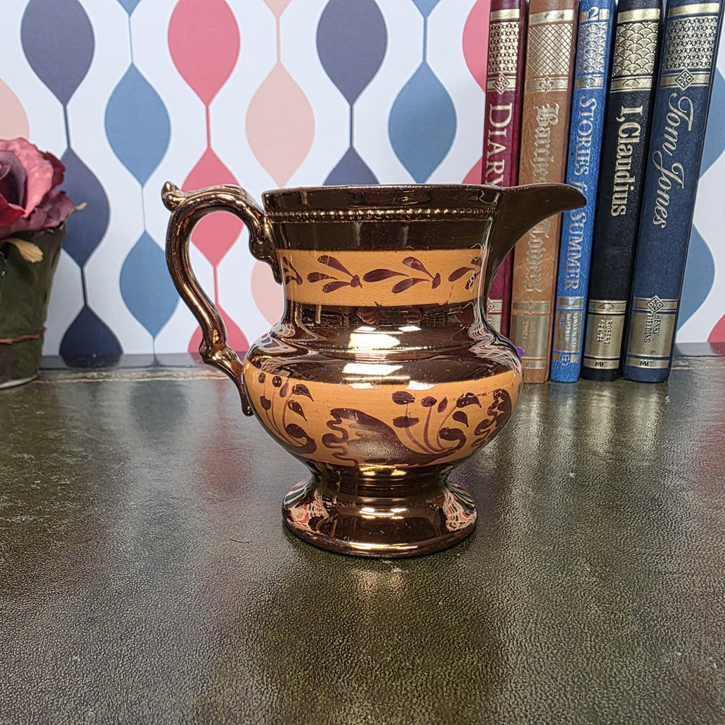 Vintage Copper Lustre Jug Ceramic Creamer Pitcher Brown Lustreware Floral Pattern English Style Cottage