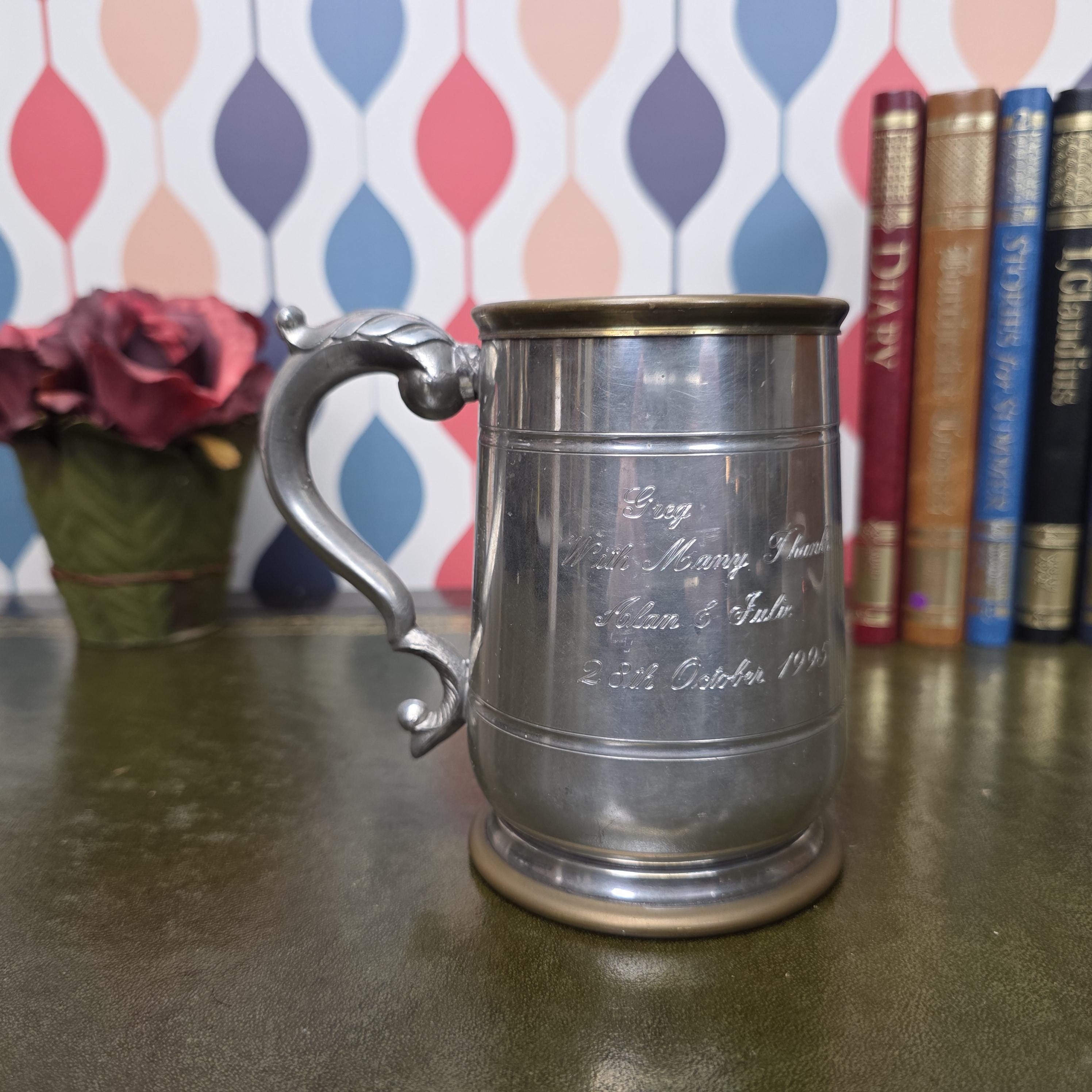 Vintage Engraved Pewter Tankard Mug Ornate Handle Greg Thank You Gift 1995 Barware Collectible