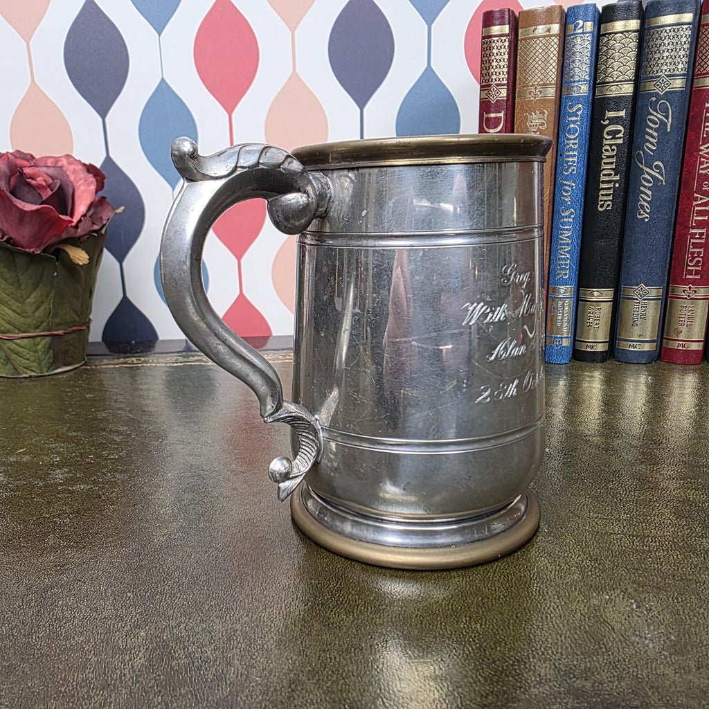 Vintage Engraved Pewter Tankard Mug Ornate Handle Greg Thank You Gift 1995 Barware Collectible