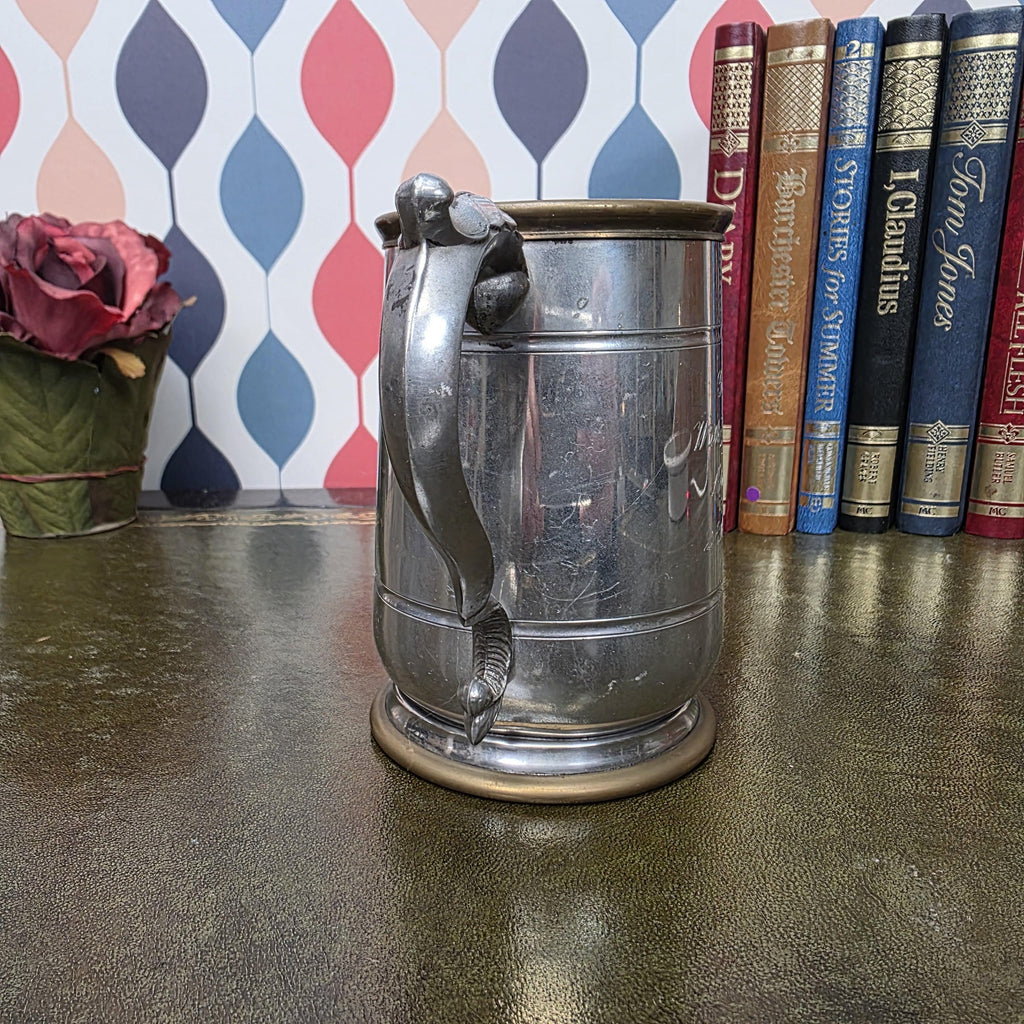 Vintage Engraved Pewter Tankard Mug Ornate Handle Greg Thank You Gift 1995 Barware Collectible