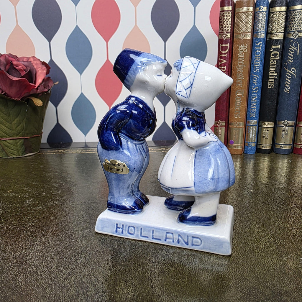 Vintage Delft Blue Kissing Couple Figurine Holland Volendam Hand Painted Dutch Ceramic Statue