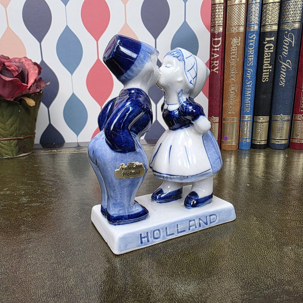 Vintage Delft Blue Kissing Couple Figurine Holland Volendam Hand Painted Dutch Ceramic Statue
