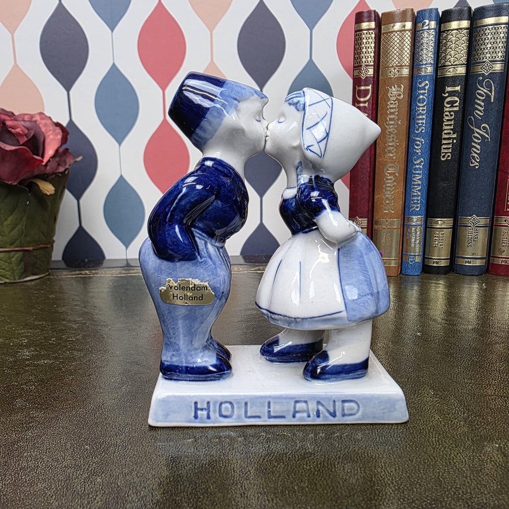Vintage Delft Blue Kissing Couple Figurine Holland Volendam Hand Painted Dutch Ceramic Statue