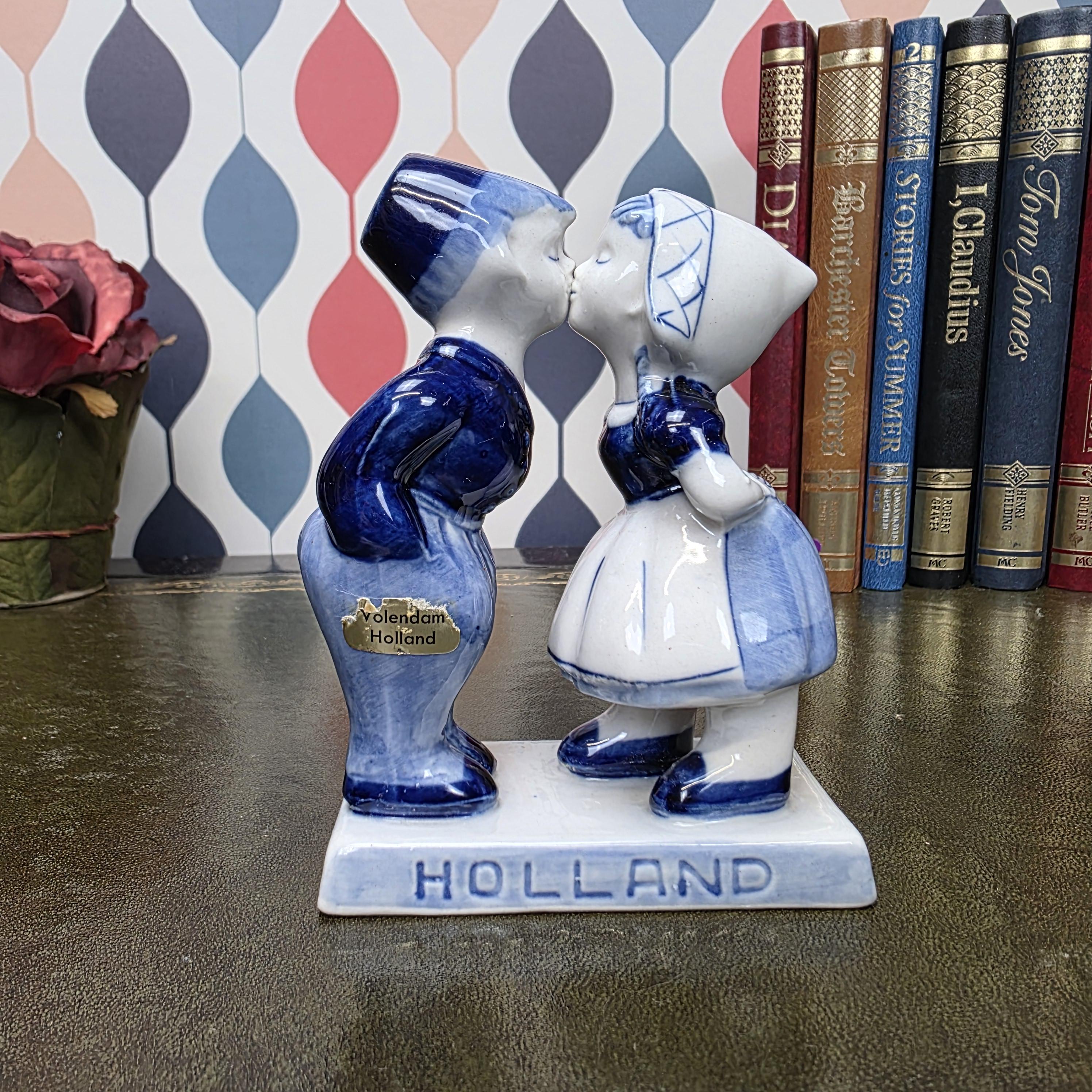 Vintage Delft Blue Kissing Couple Figurine Holland Volendam Hand Painted Dutch Ceramic Statue