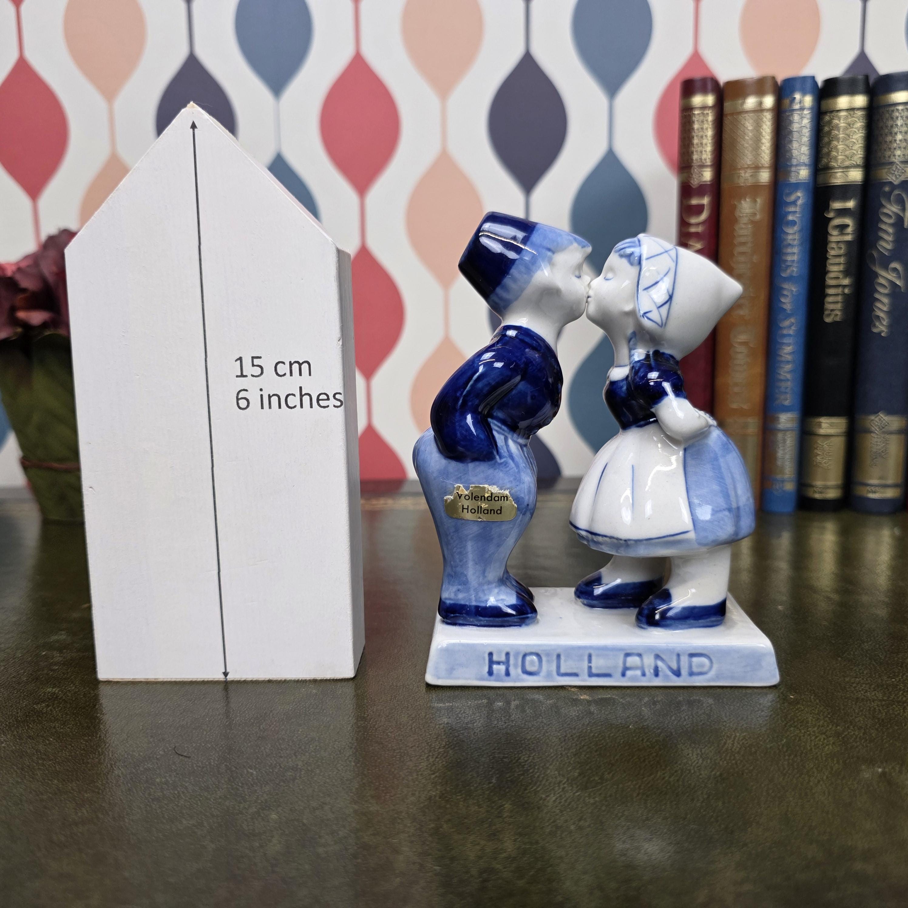 Vintage Delft Blue Kissing Couple Figurine Holland Volendam Hand Painted Dutch Ceramic Statue