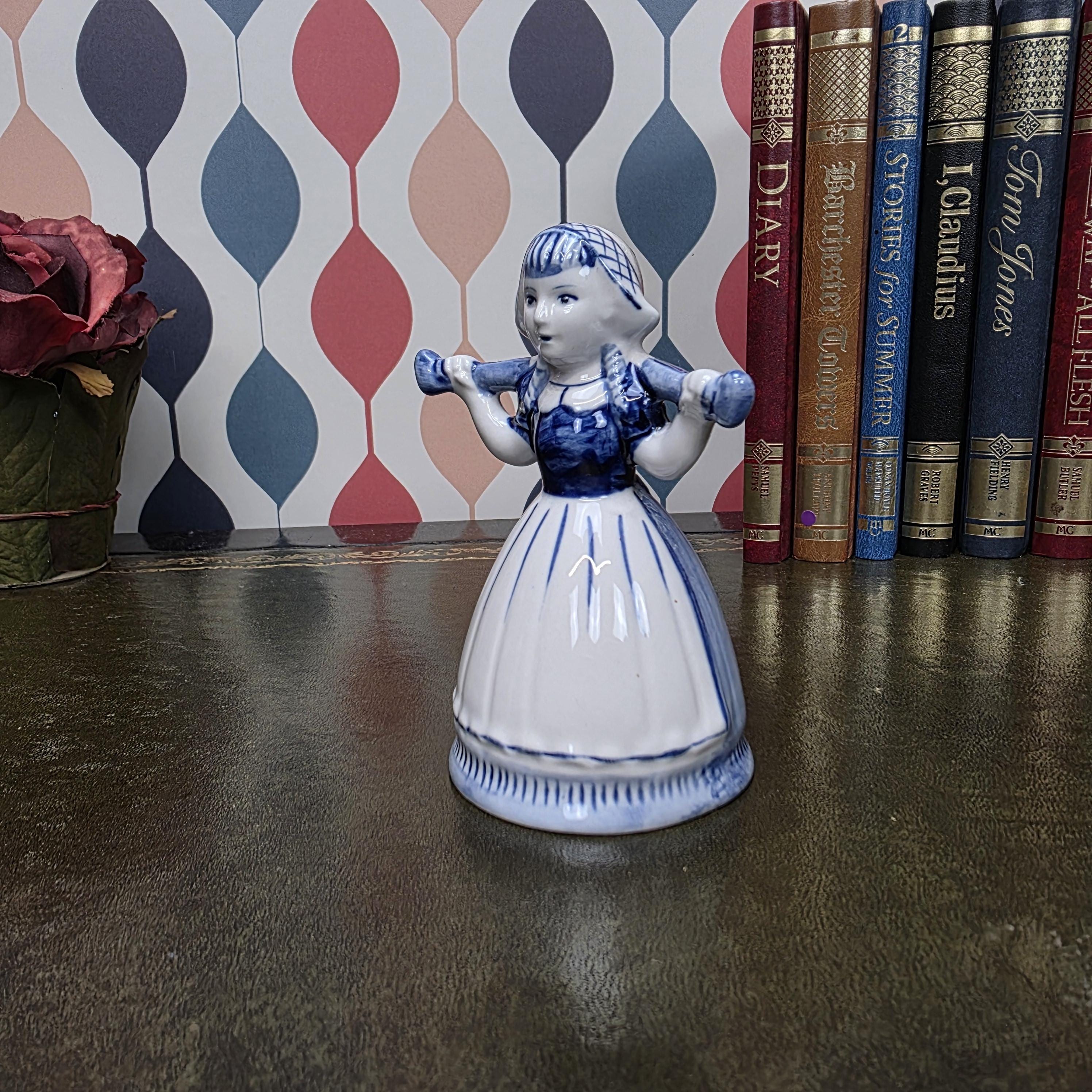 Vintage Delft Blue Dutch Girl Figurine Hand Painted Ceramic Holland Blue White Collectible Decor