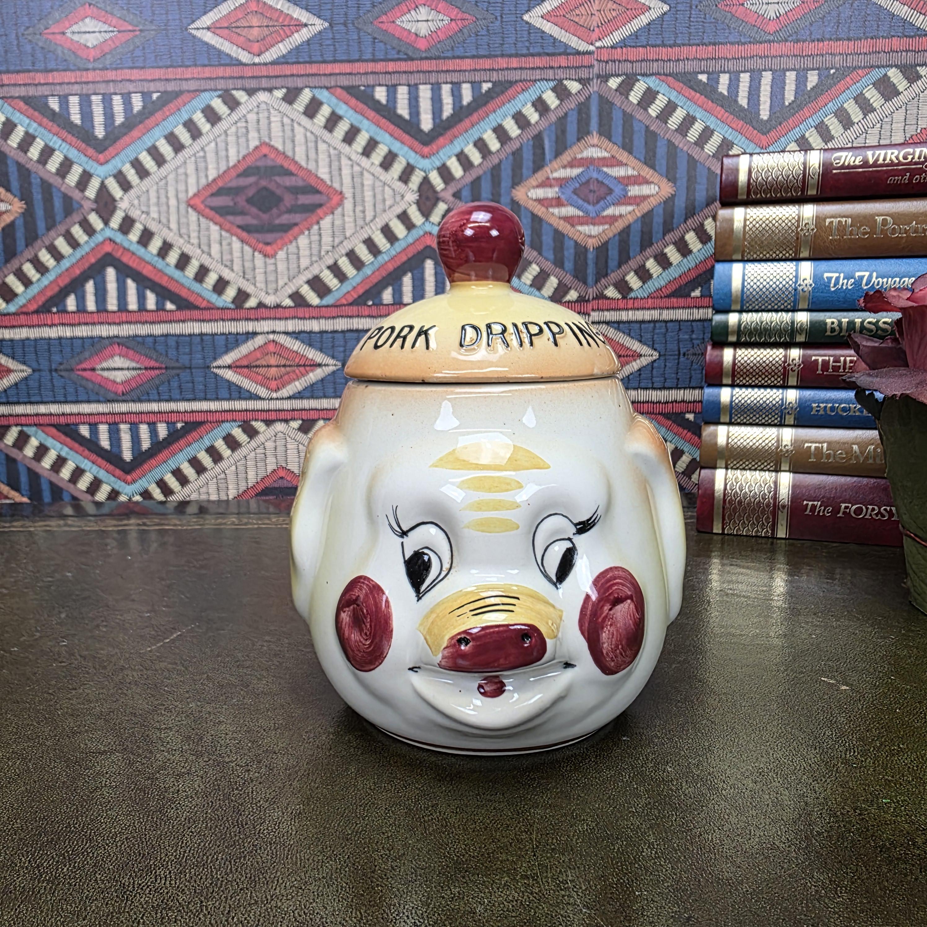 Vintage Pig Face Pork Dripping Jar Ceramic Storage Pot Kitchen Canister Novelty Farmhouse Decor