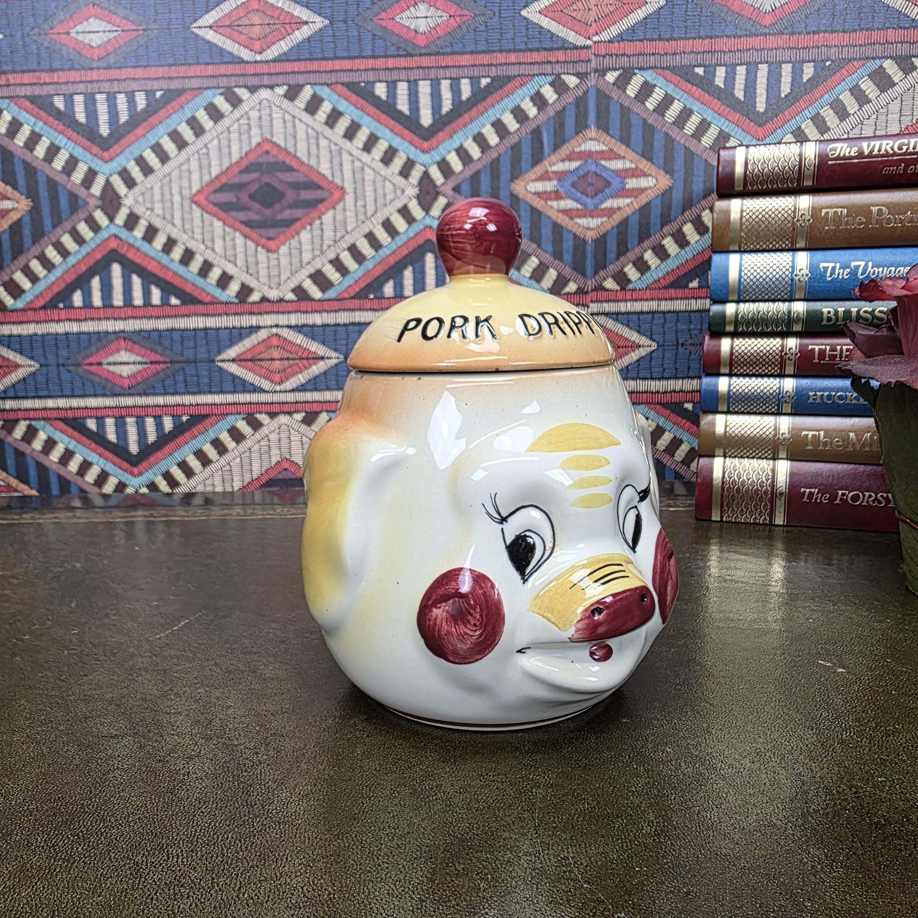 Vintage Pig Face Pork Dripping Jar Ceramic Storage Pot Kitchen Canister Novelty Farmhouse Decor