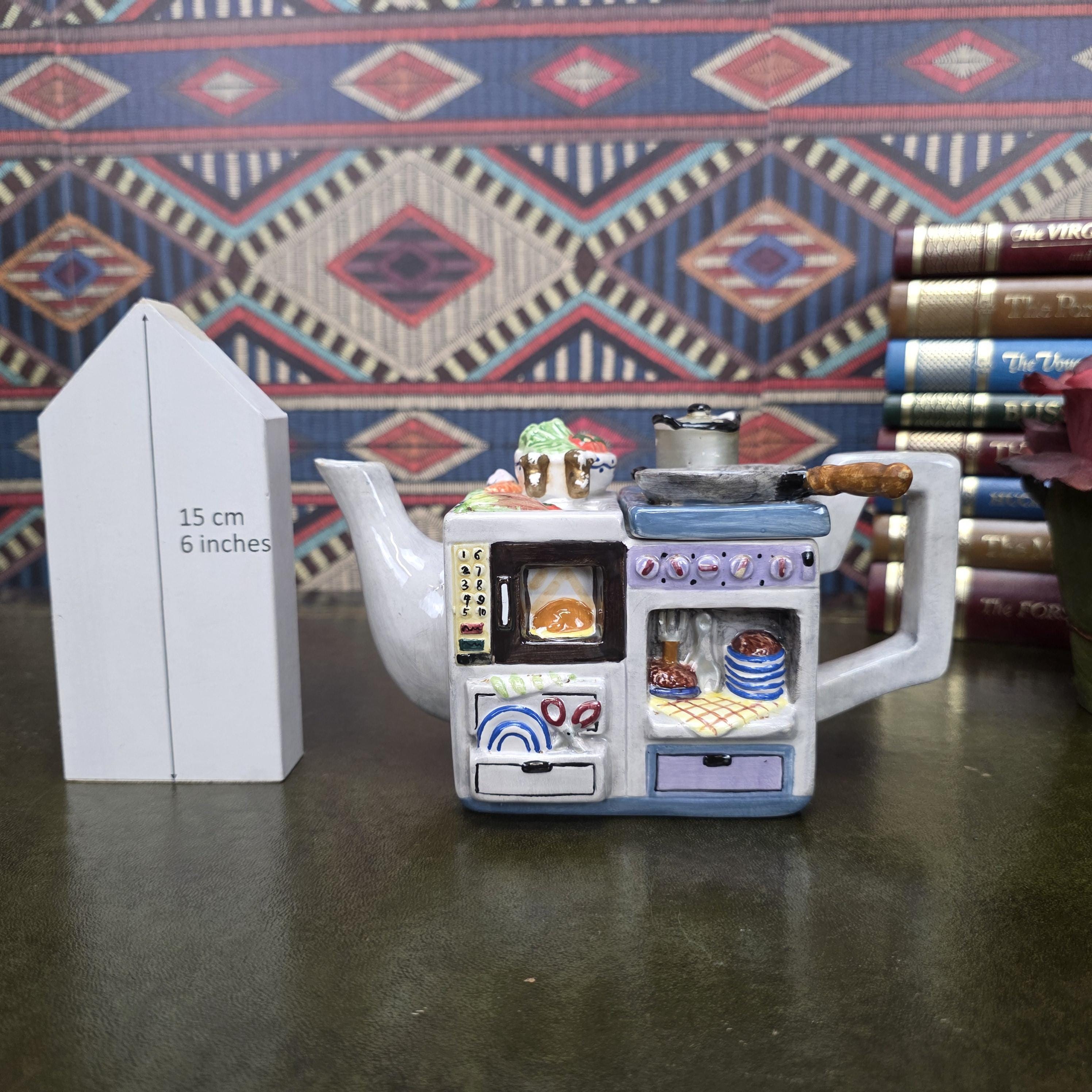 Vintage Novelty Stove Teapot Ceramic Kitchen Scene Teapot Miniature Cooking Range Kettle Decor