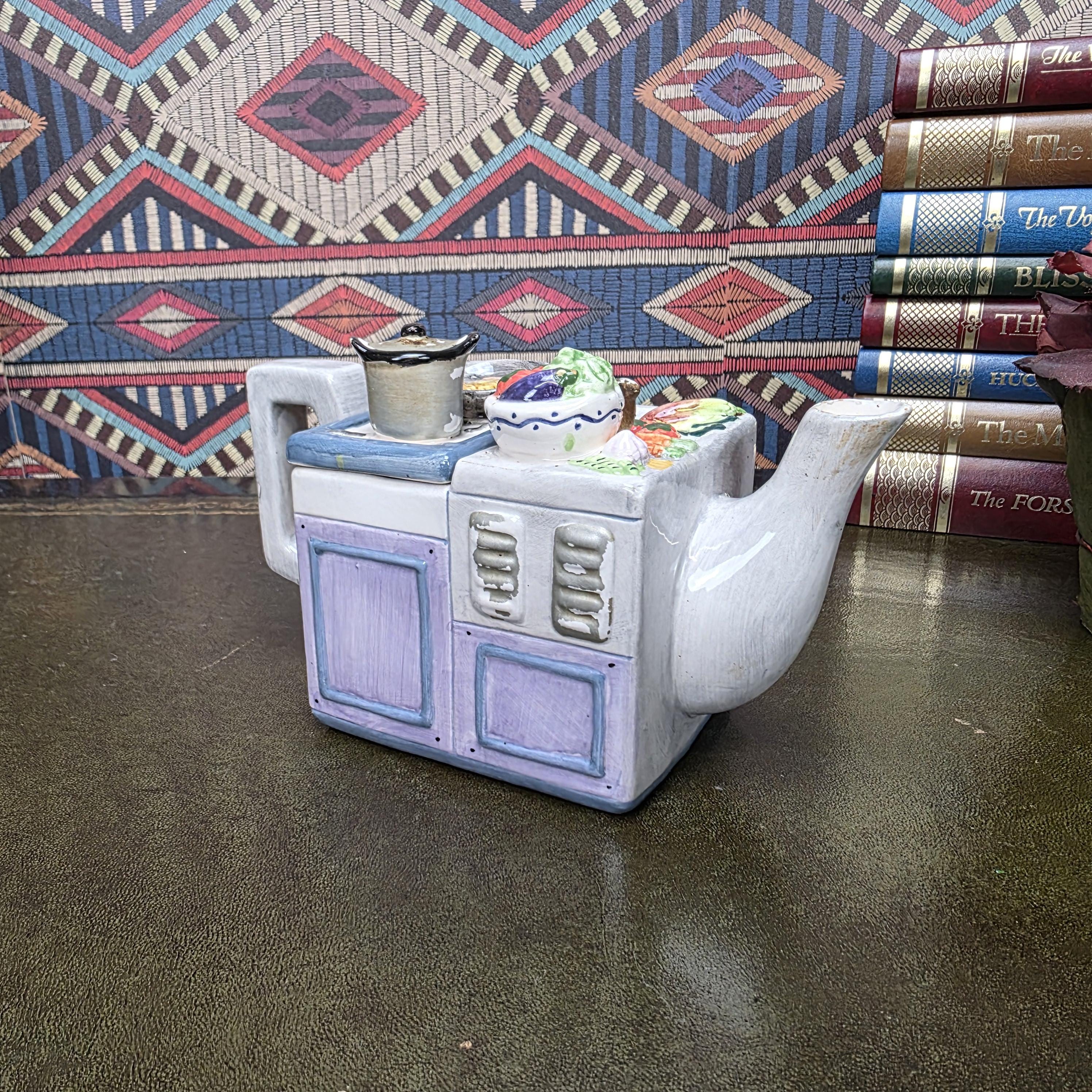 Vintage Novelty Stove Teapot Ceramic Kitchen Scene Teapot Miniature Cooking Range Kettle Decor