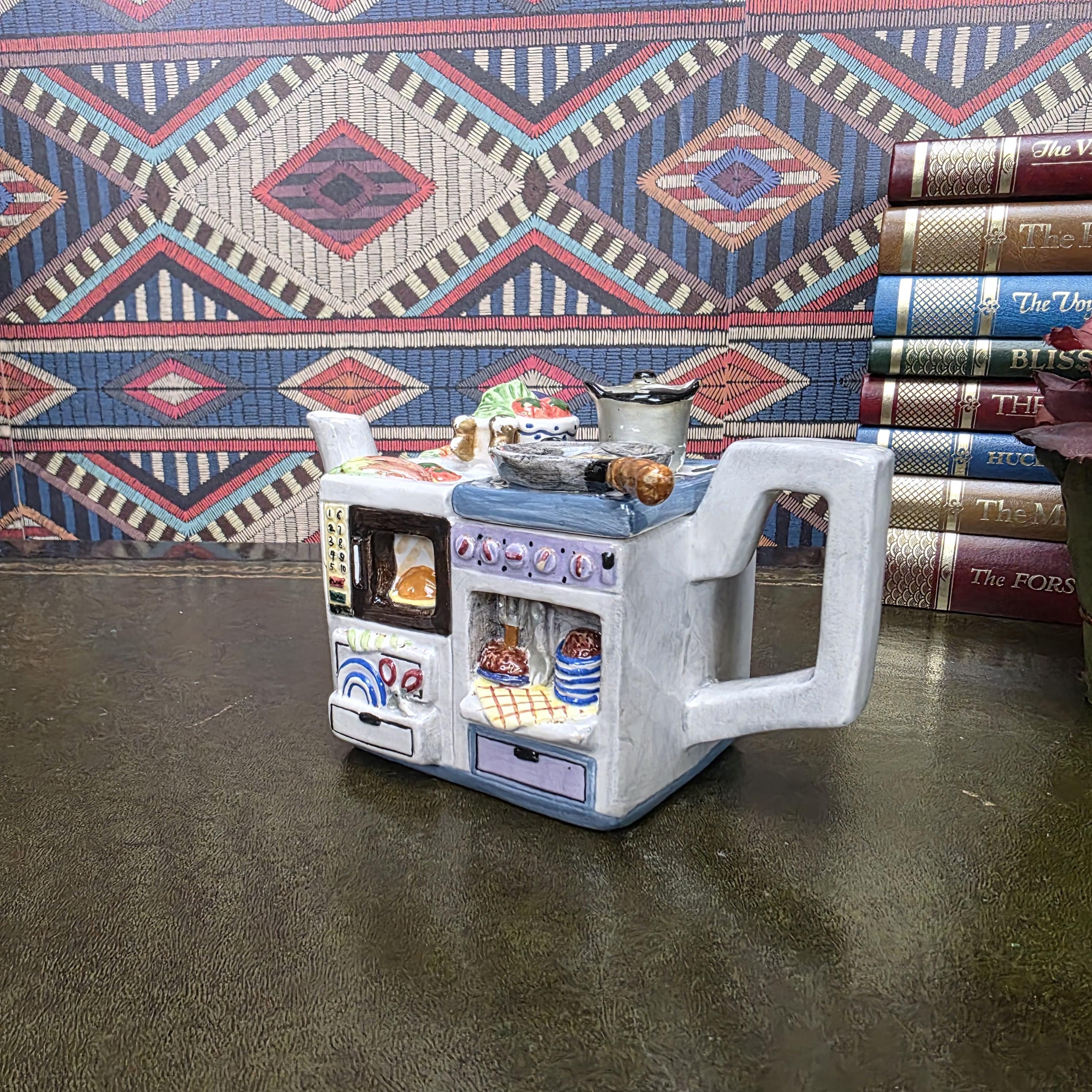 Vintage Novelty Stove Teapot Ceramic Kitchen Scene Teapot Miniature Cooking Range Kettle Decor