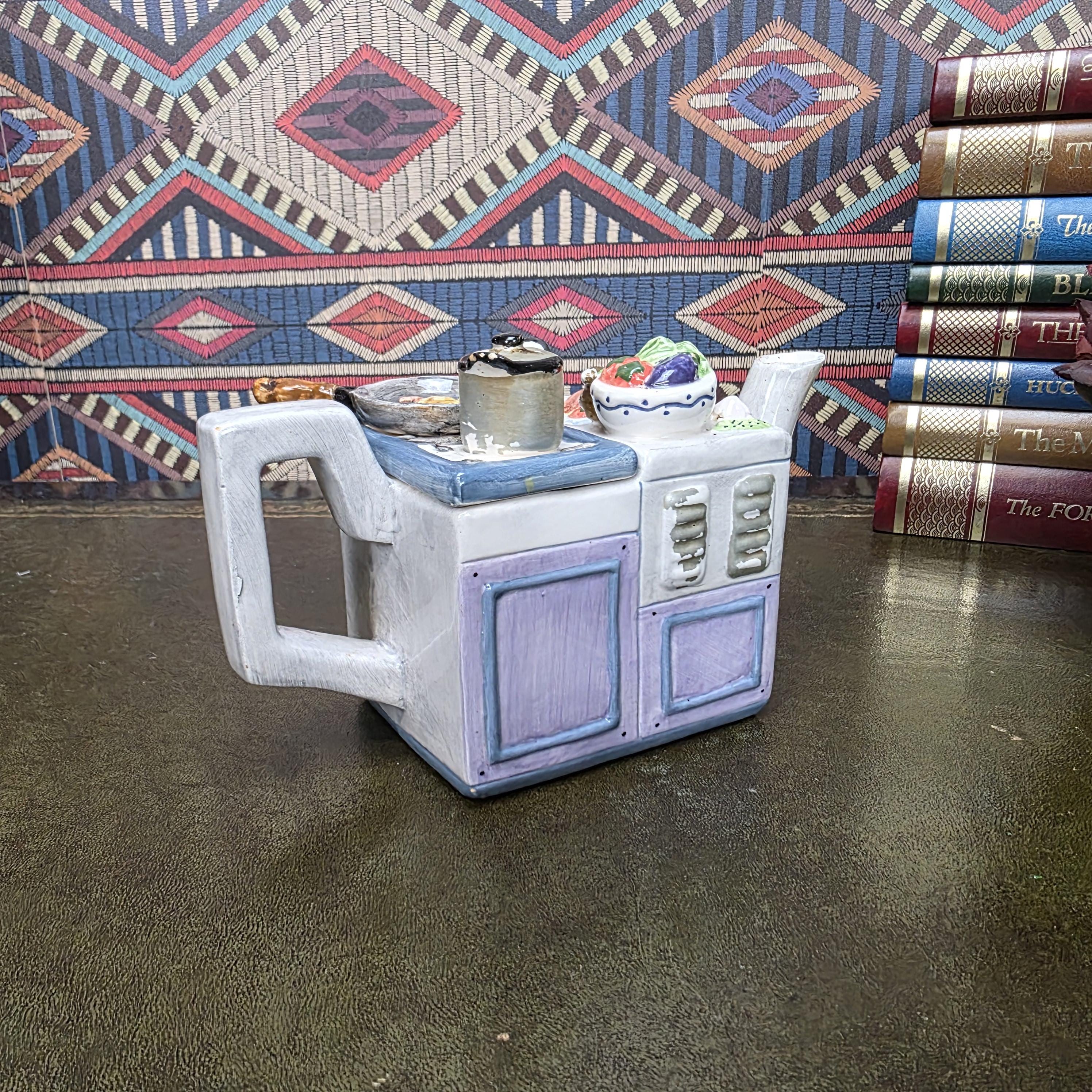 Vintage Novelty Stove Teapot Ceramic Kitchen Scene Teapot Miniature Cooking Range Kettle Decor