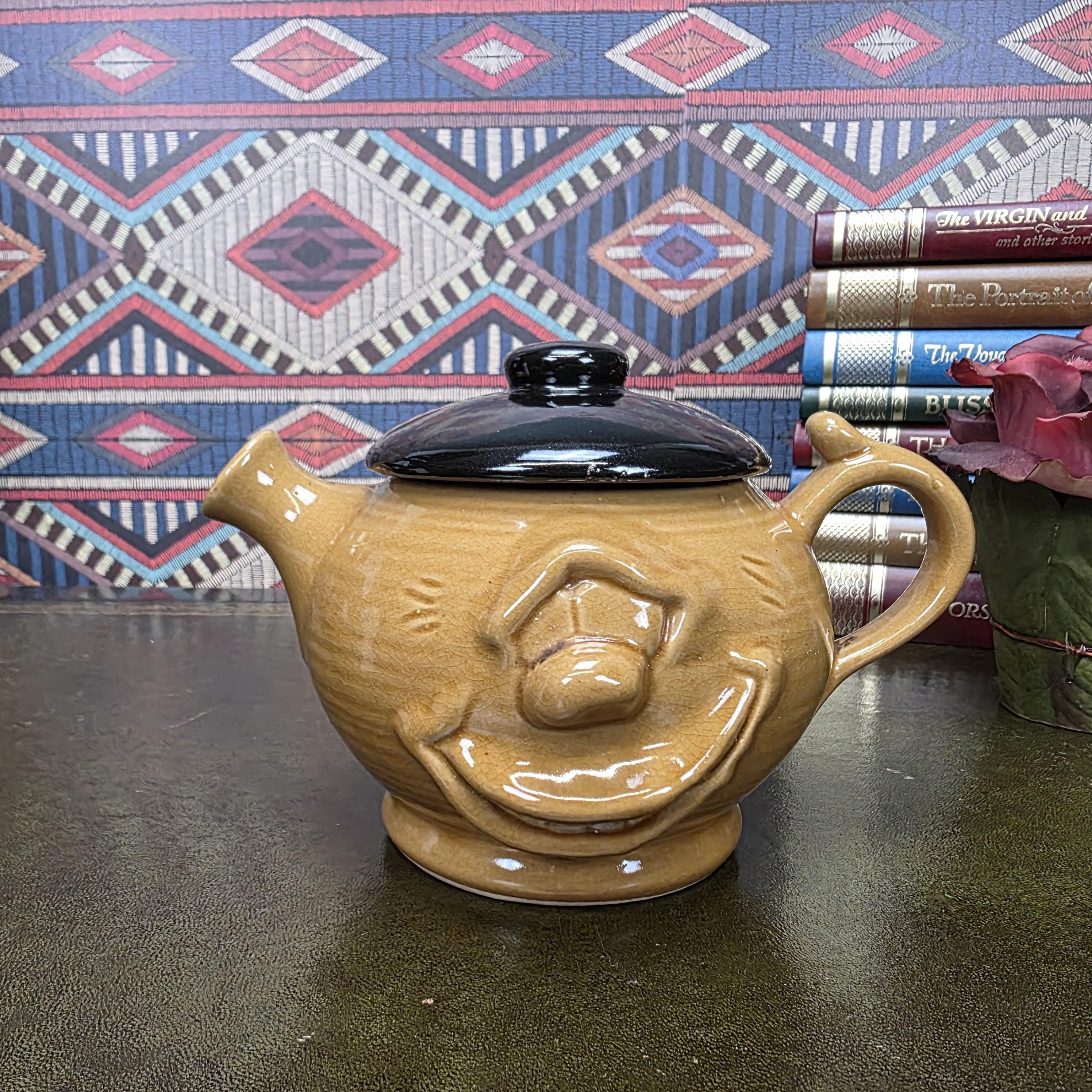 Vintage Character Face Teapot Ceramic Brown Novelty Kettle Whimsical Pottery Tea Pot Collectible