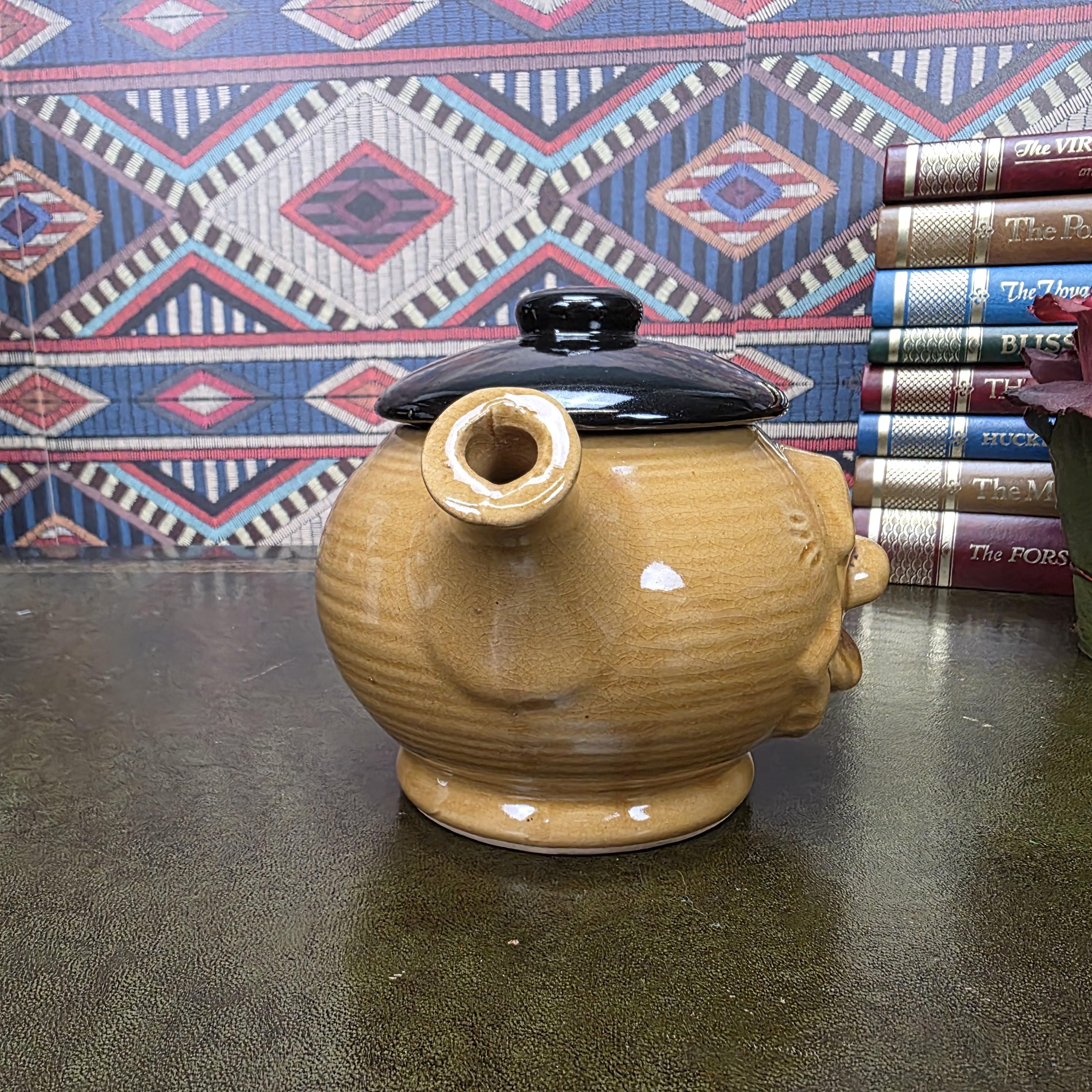 Vintage Character Face Teapot Ceramic Brown Novelty Kettle Whimsical Pottery Tea Pot Collectible