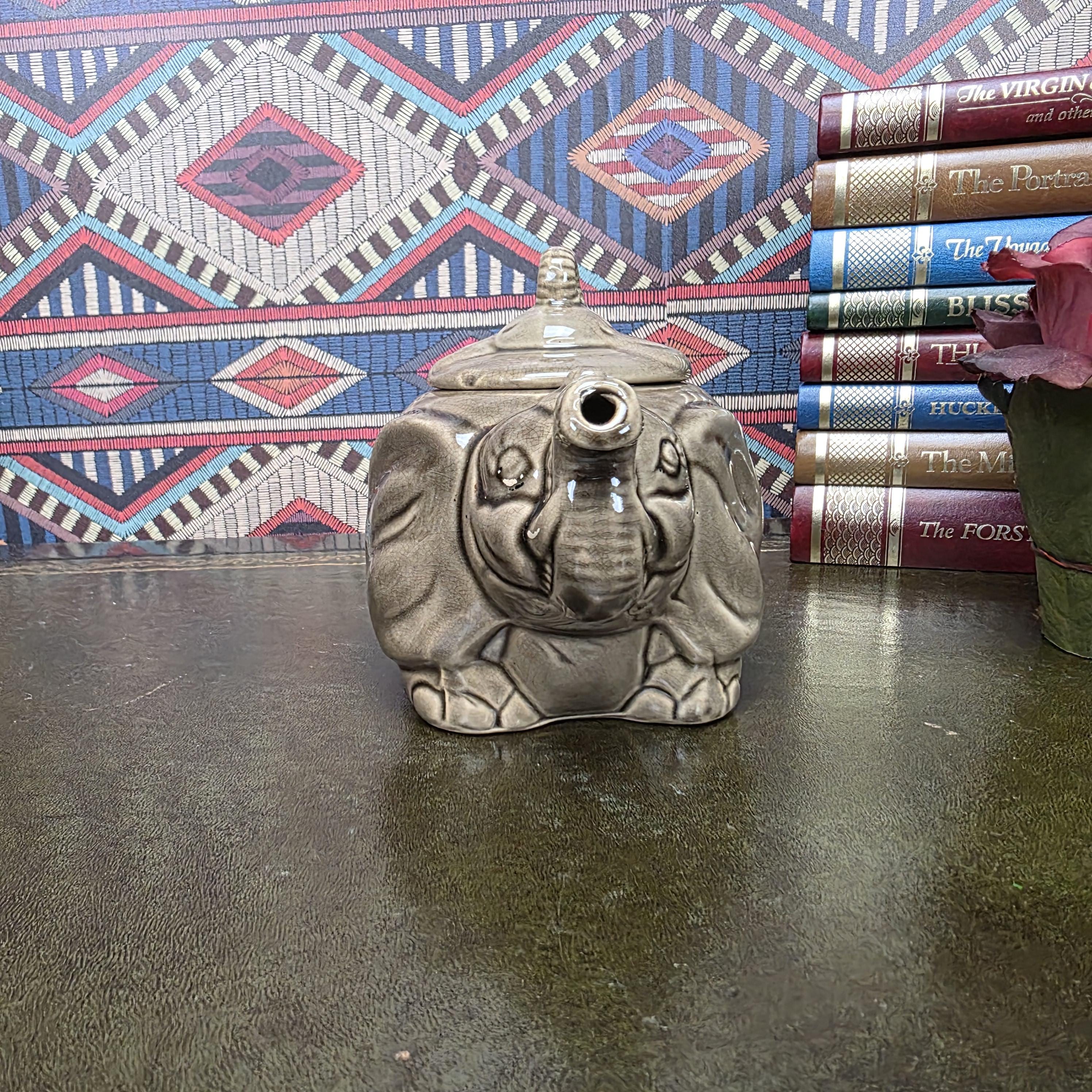 Vintage Ceramic Elephant Teapot Grey Animal Figurine Safari Decor Collectible Pottery Piece